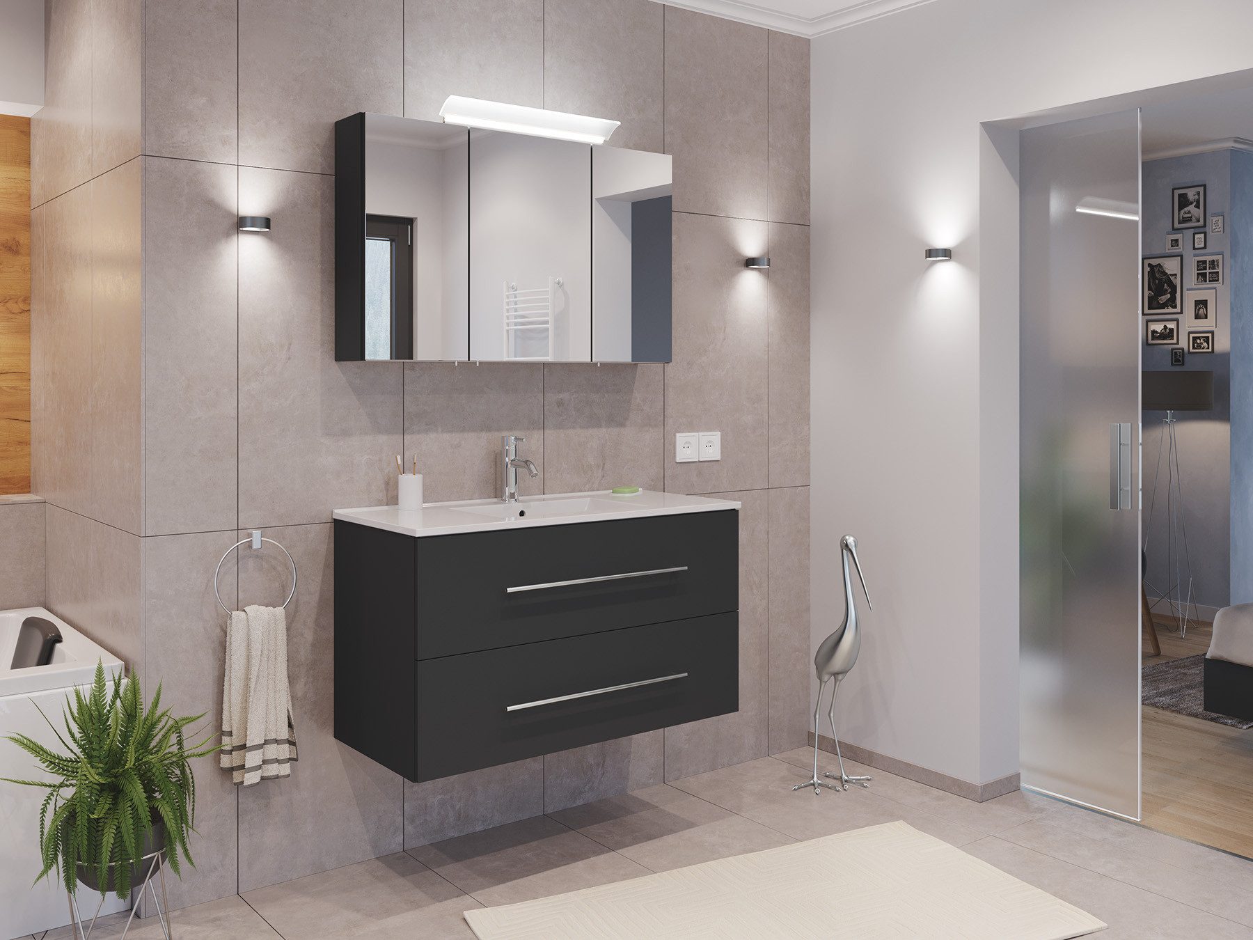 Magnolia Home Waschtisch Badmöbel Set Firenze 100 2tlg. Spiegelschrank Softclose grafit