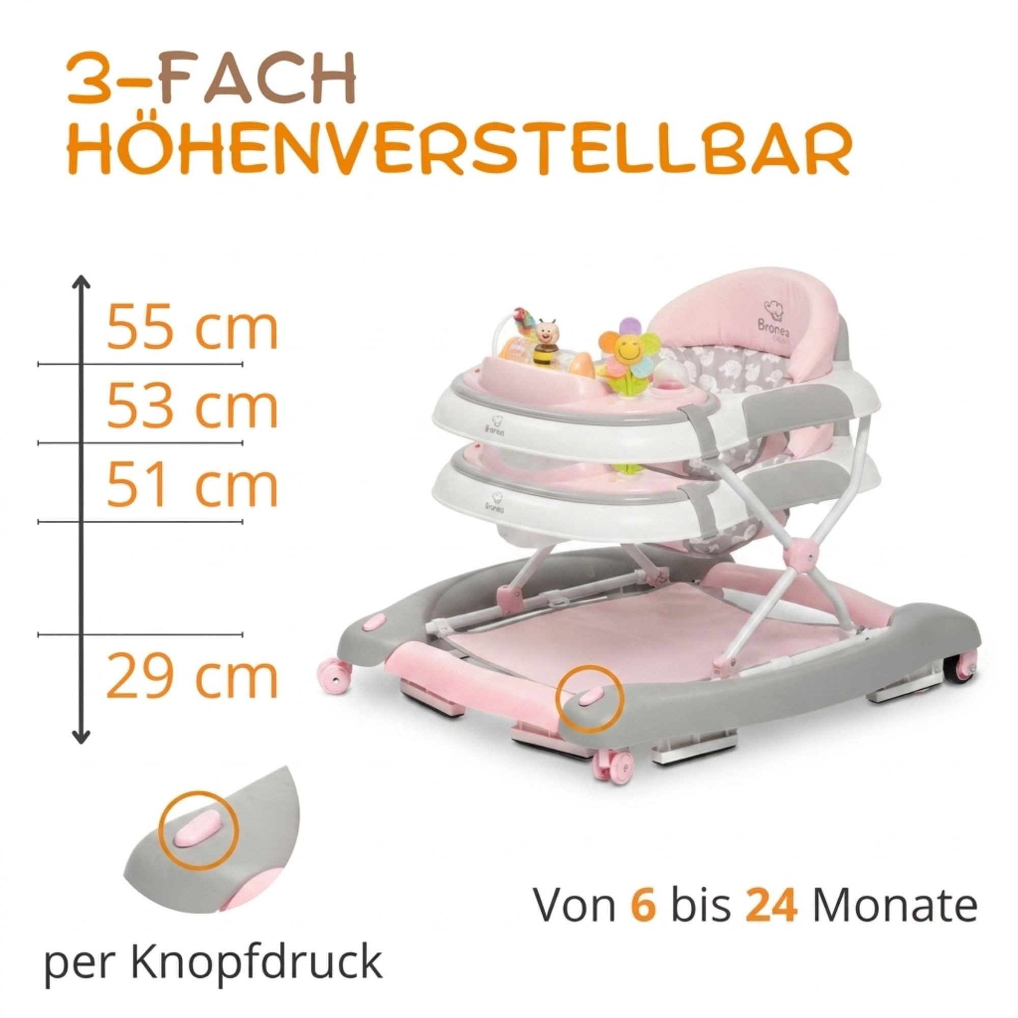 Bronea Lauflernhilfe 4-in-1 Lauflernwagen Gehfrei Baby Schaukel Lauflernhilfe Babywalker, Abnehmbares Spielpaneel - Wippfunktion - Leise gummierte Reifen