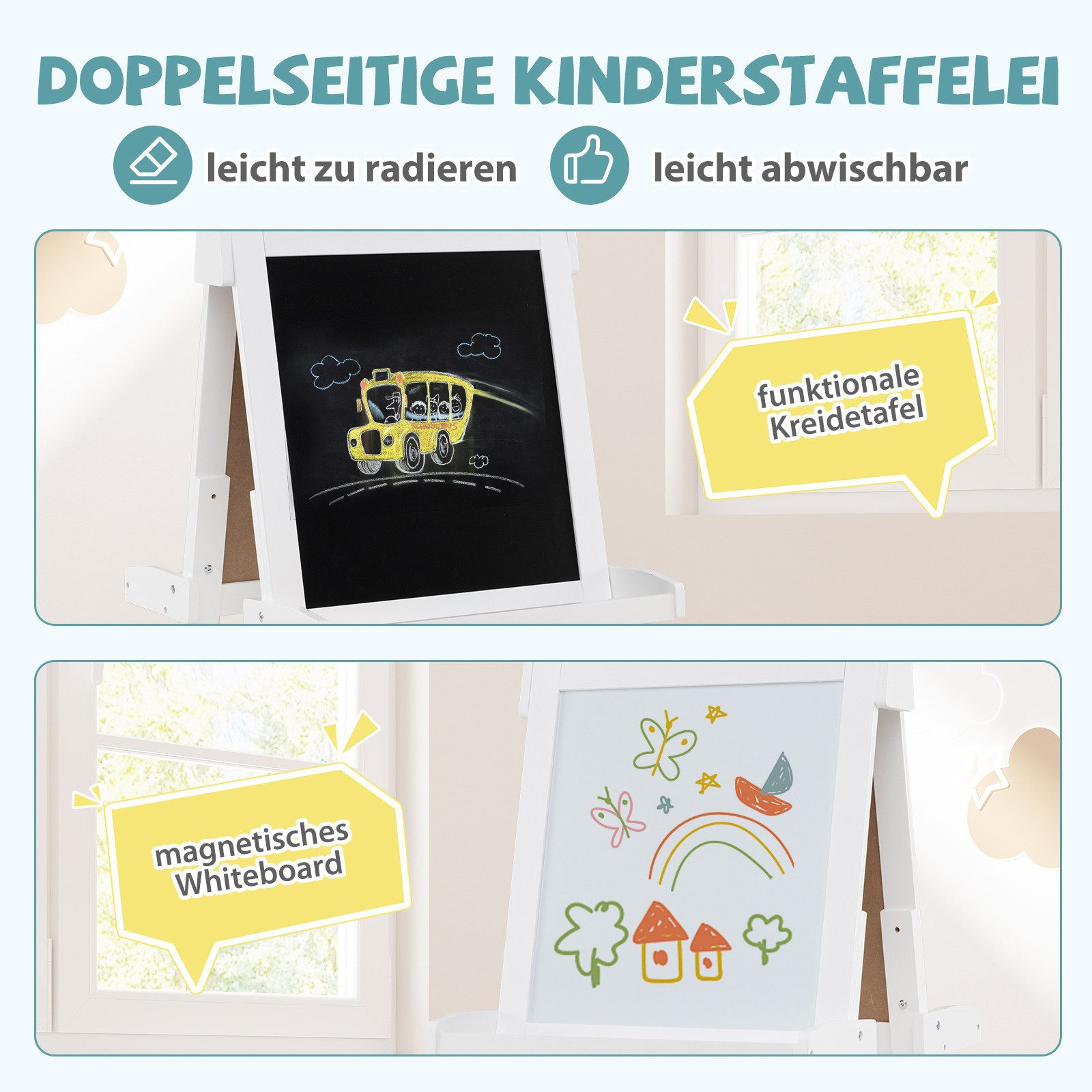 COSTWAY Standtafel, mit Whiteboard & Magnetischer Tafel, Klappbare