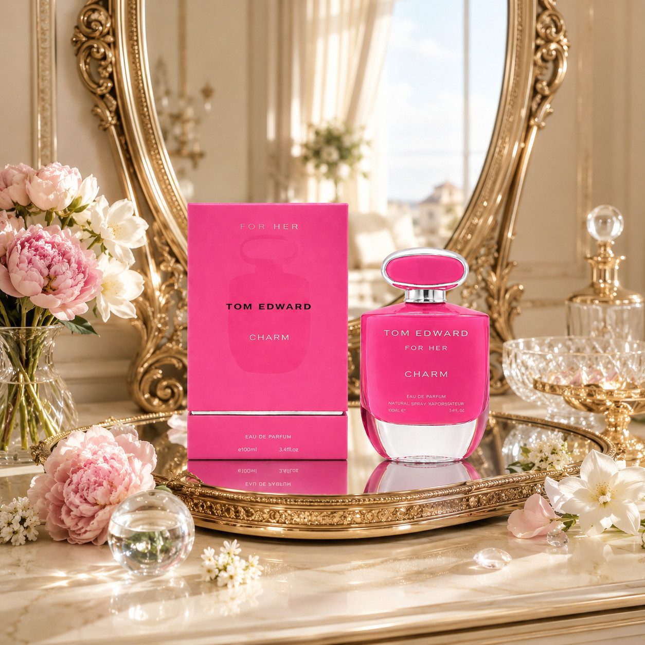 TOM EDWARD Eau de Parfum Tom Edward Charm for Her Damenduft, Frisch, Blumig, Aquatisch e100 ml, Hergestellt in UK, Premium Damenduft, Langanhaltend, Schone Verpackung