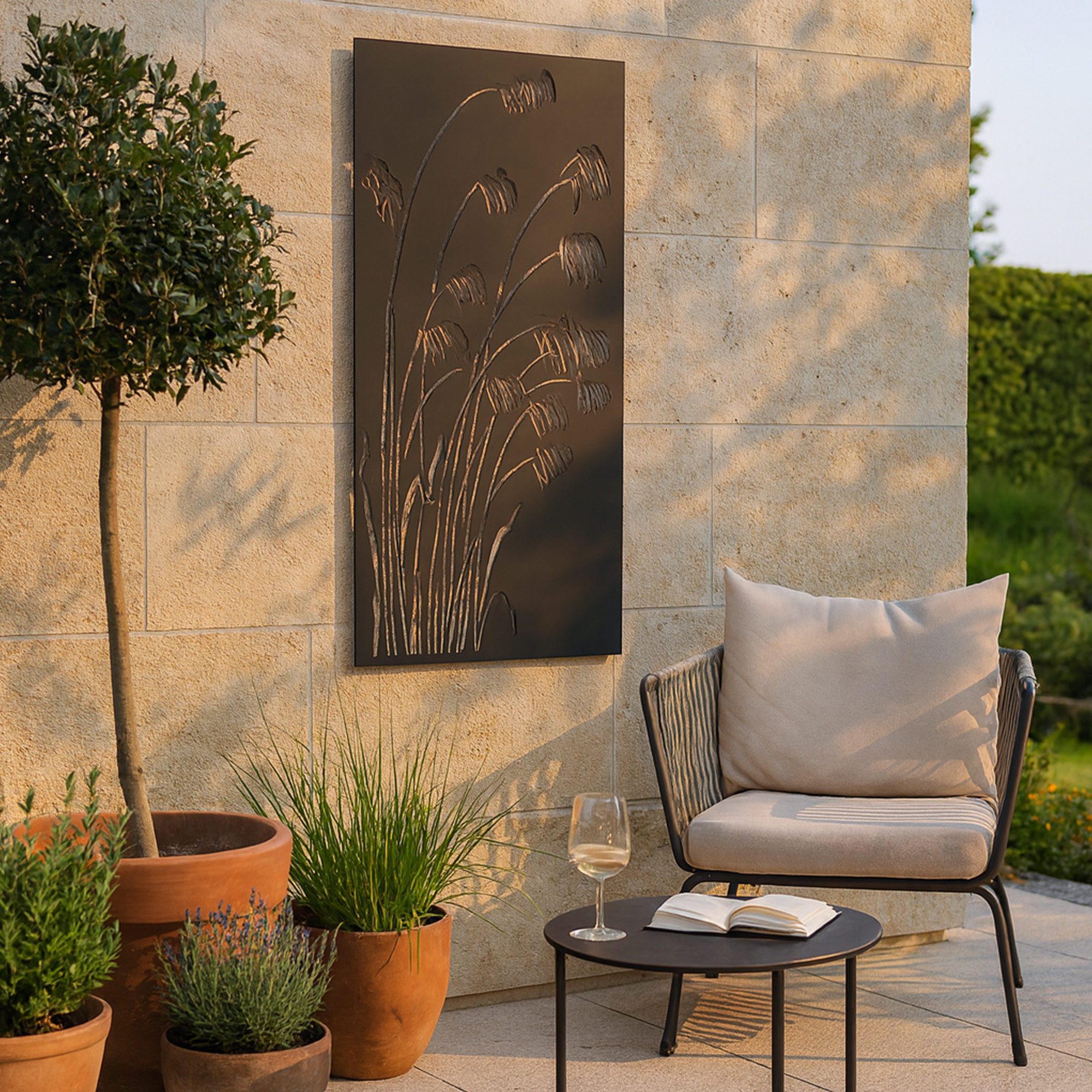 UNUS ELEMENTS Dekohänger Metallbild Schilfrohr (120x60cm), Wanddeko innen außen mit Aufhängehaken