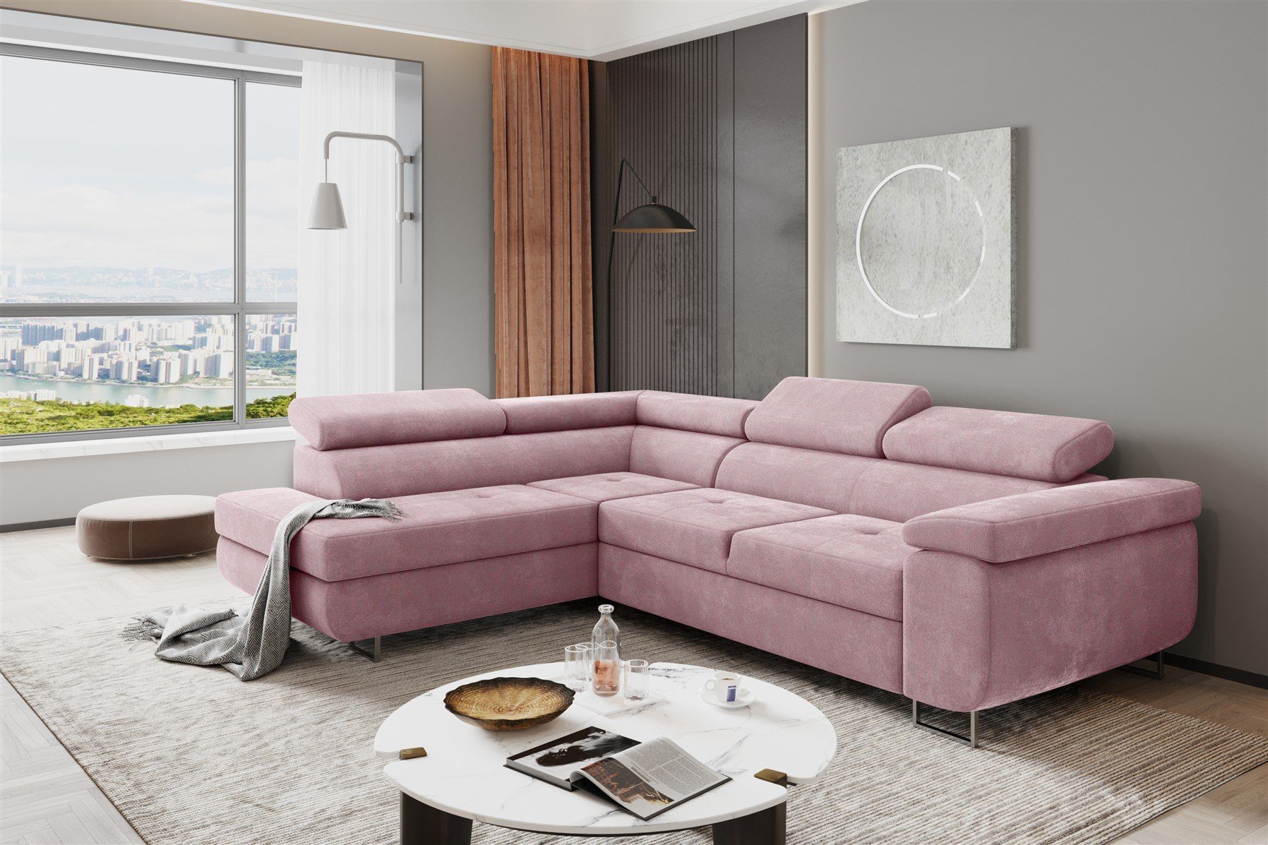 Fun Möbel Ecksofa Couchgarnitur JADE Stoff Rosa mit Schlaffunktion Ottomane Rechts oder Links, 1 Teile, mit Schlaffunktion, mit Bettkasten, echt bezogener Rücken, 2 x Kopfteil abklappbar