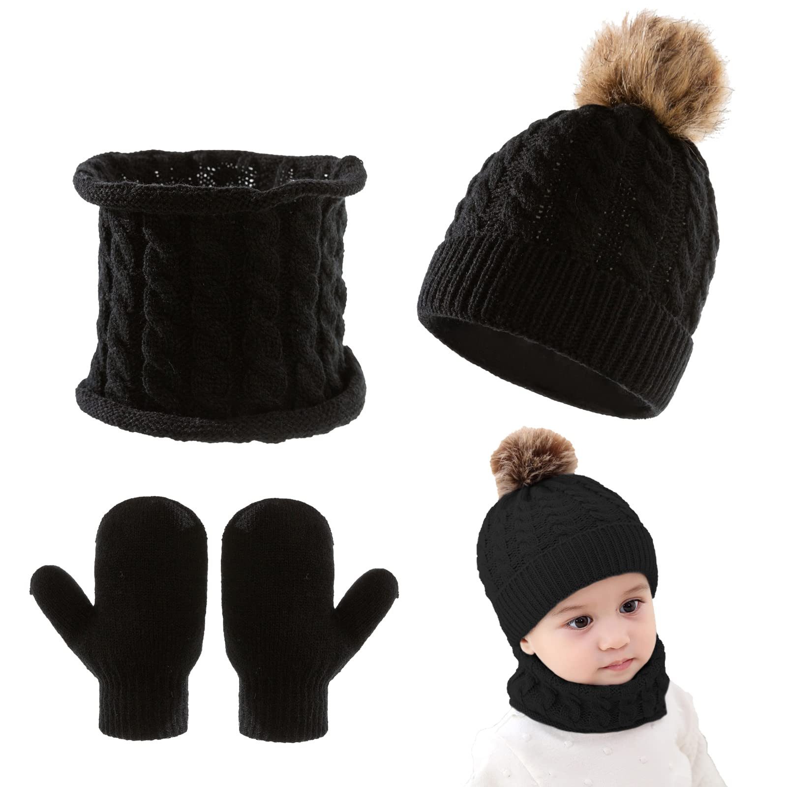 Coonoor Mütze & Schal Kinder-Wintermütze-Schal-Handschuh-Set, Winter-Wärme Mütze-Schal-Handschuh-Set