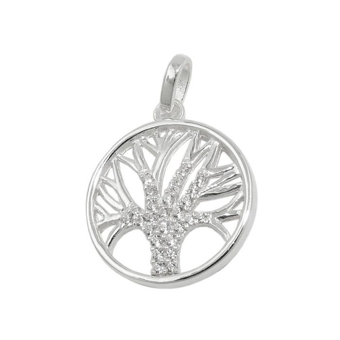 Schmuck Krone Kettenanhänger Anhänger Baum des Lebens Lebensbaum mit weißen Zirkonia rund 925 Silber Silber 925