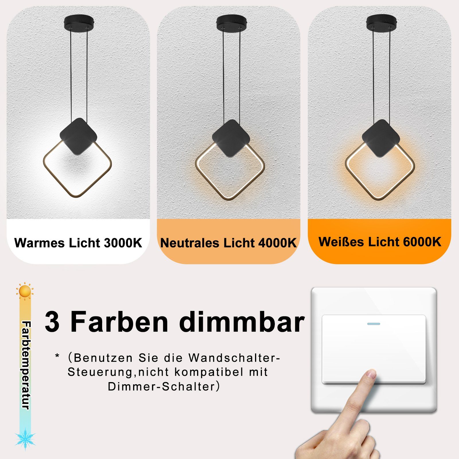 MUPOO LED Pendelleuchte LED 1Flammig Dimmbar 3 Hängelampe Leuchte,Ring/Rhombisch, Dimmbare 12W/13W,Schwarz Farben