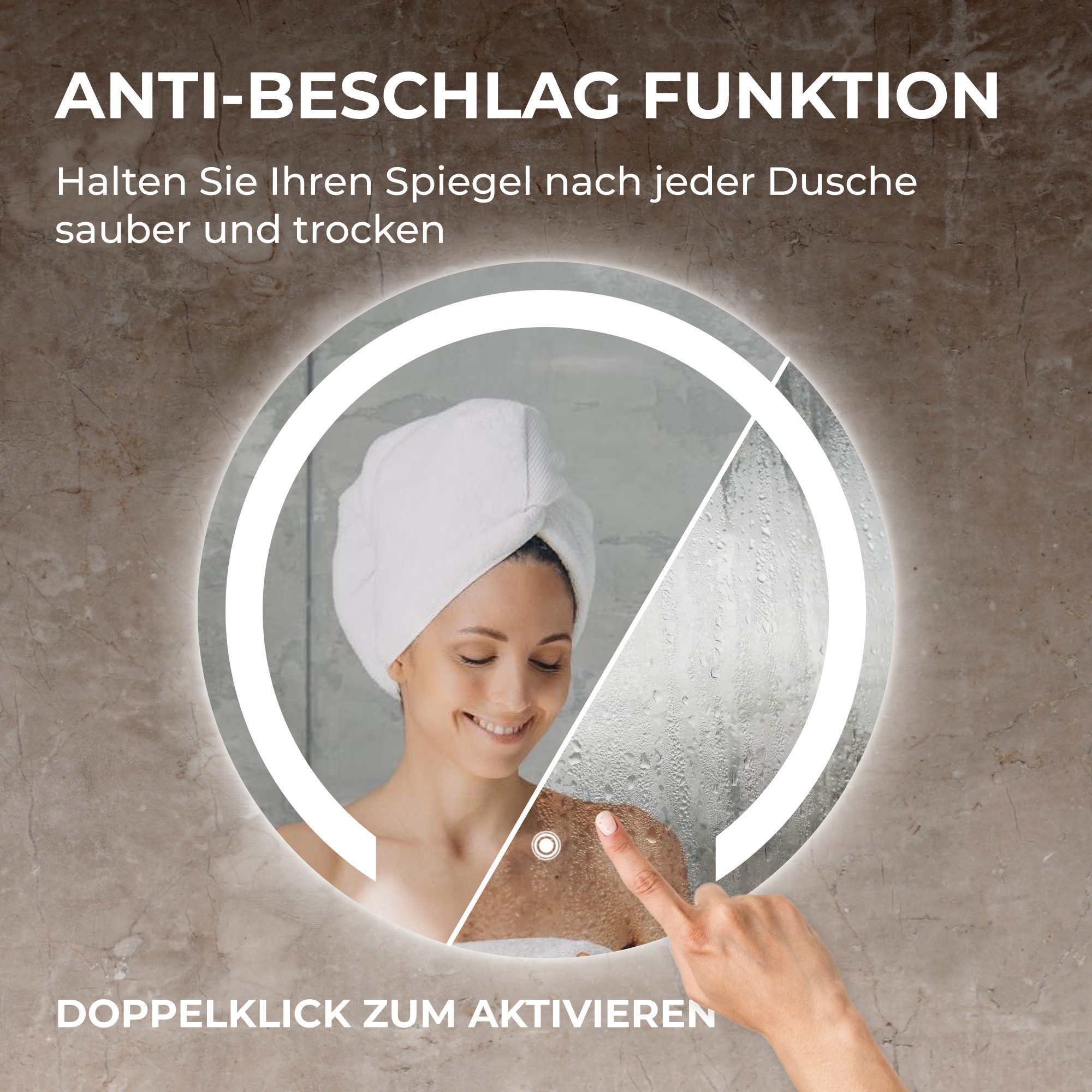 Bringer Badspiegel, Badezimmerspiegel Rund mit Anti-Beschlag und Speicherfunktion
