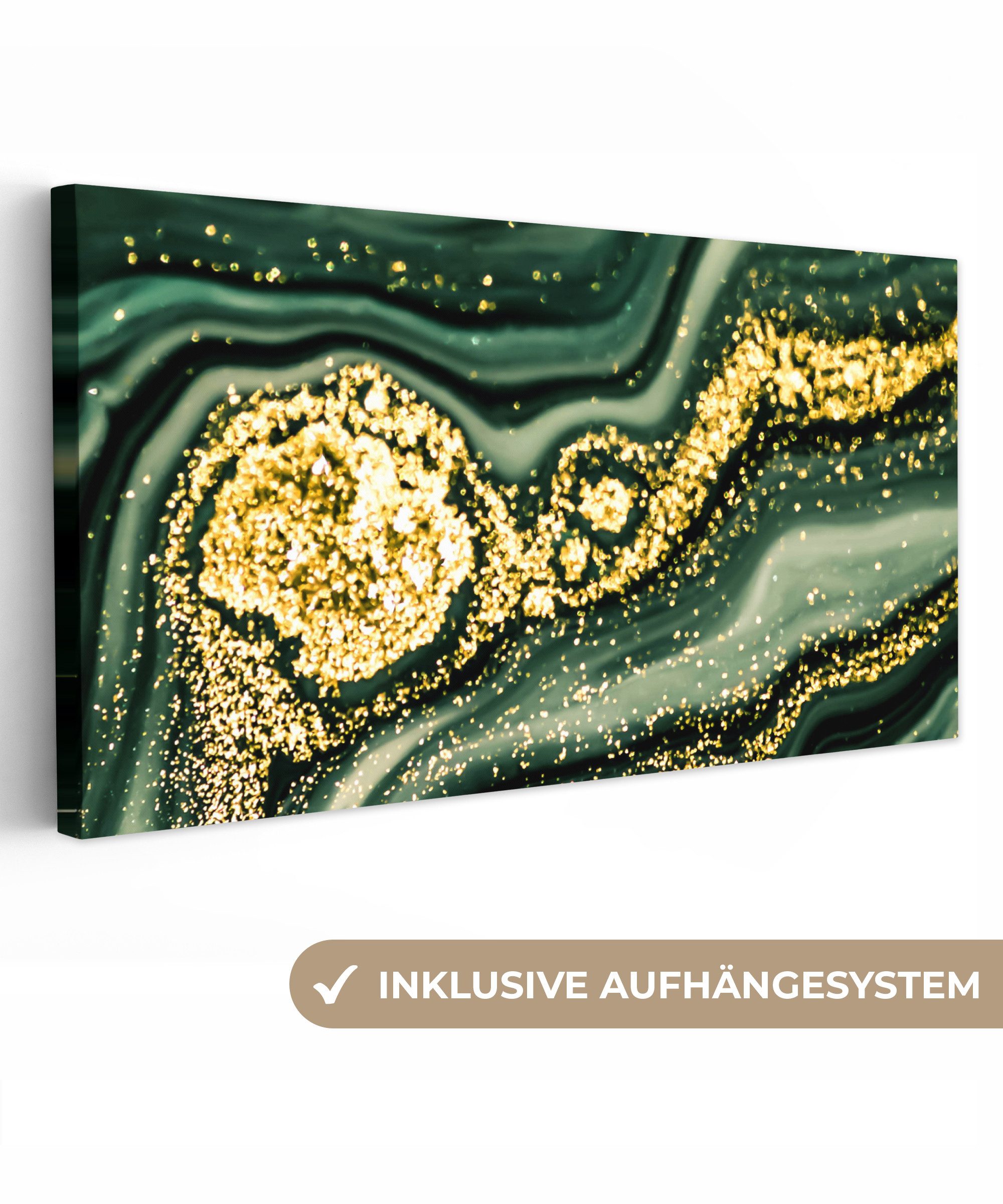 OneMillionCanvasses® Leinwandbild Panorama Marmor - Gold - Glitter - Grün - Marmoroptik - Luxus, Fotodruck (1 St), Leinwand Bilder für Wohnzimmer Schlafzimmer 60x30 cm