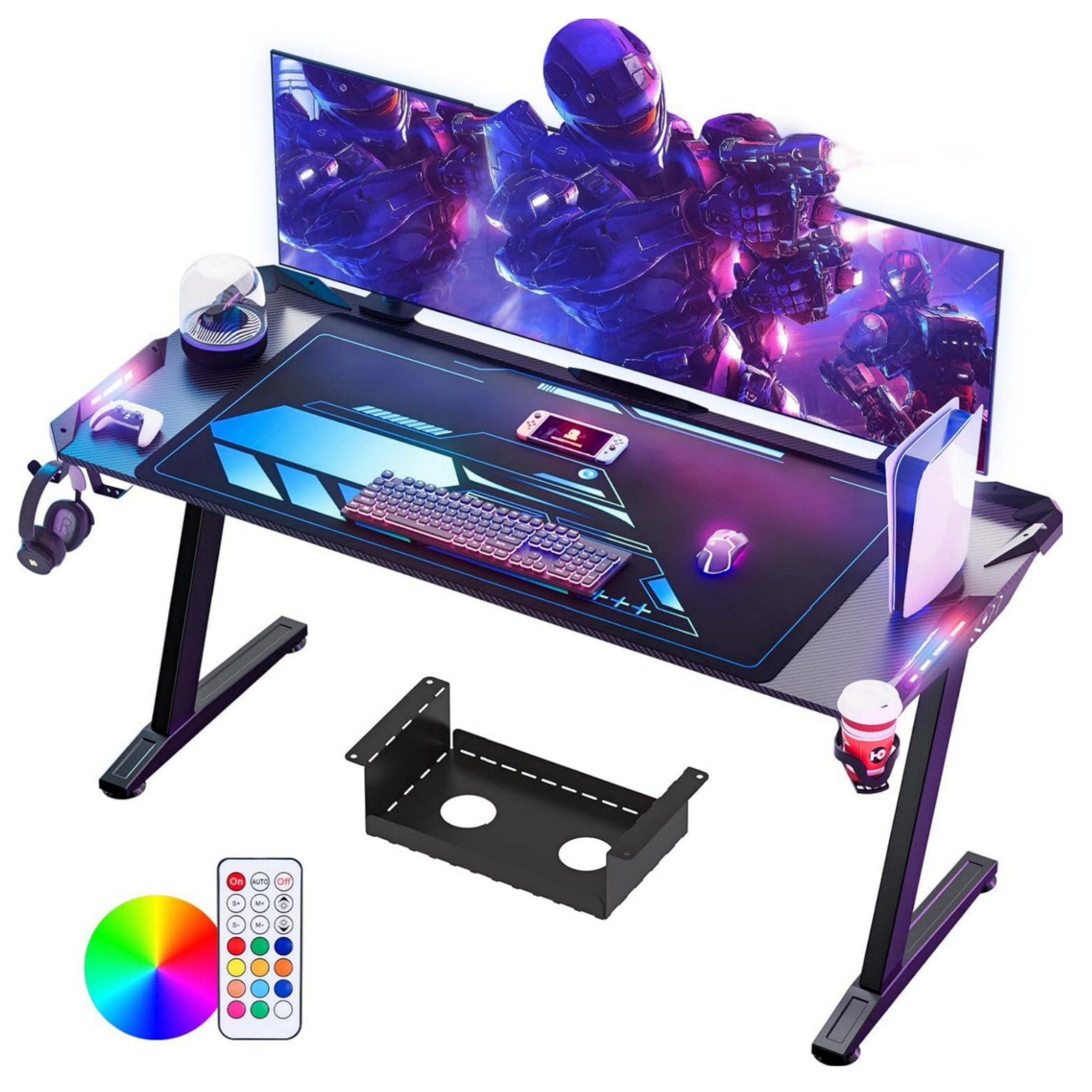 LUCKZON Gamingtisch mit LED-Beleuchtung, Kohlefaseroberfläche, Kabelmanagem günstig online kaufen