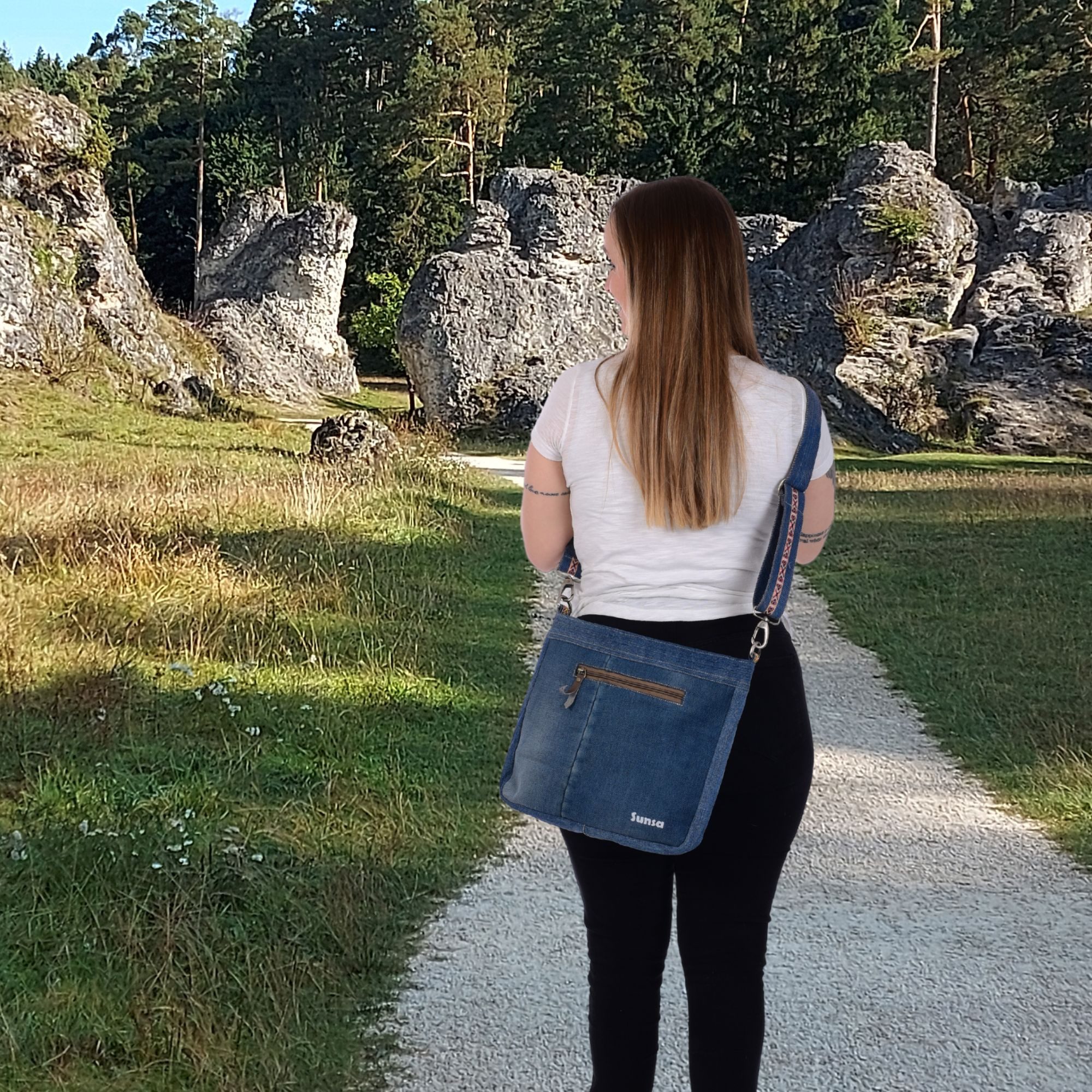 Sunsa Umhängetasche Nachhaltige Jeanstasche Umhängetasche Tasche Crossbody, mit abnehmbaren Schulterriemen, enthält recyceltes Material