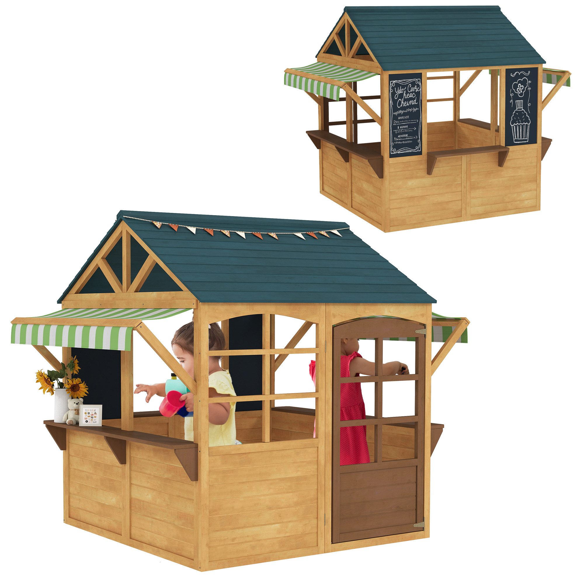 AIYAPLAY Spielhaus Holzspielhaus im Freien, faltbares Haus mit Fenstern, Tür, Regencapes, Gartenspielzeug für Kinder von 3–8 Jahren