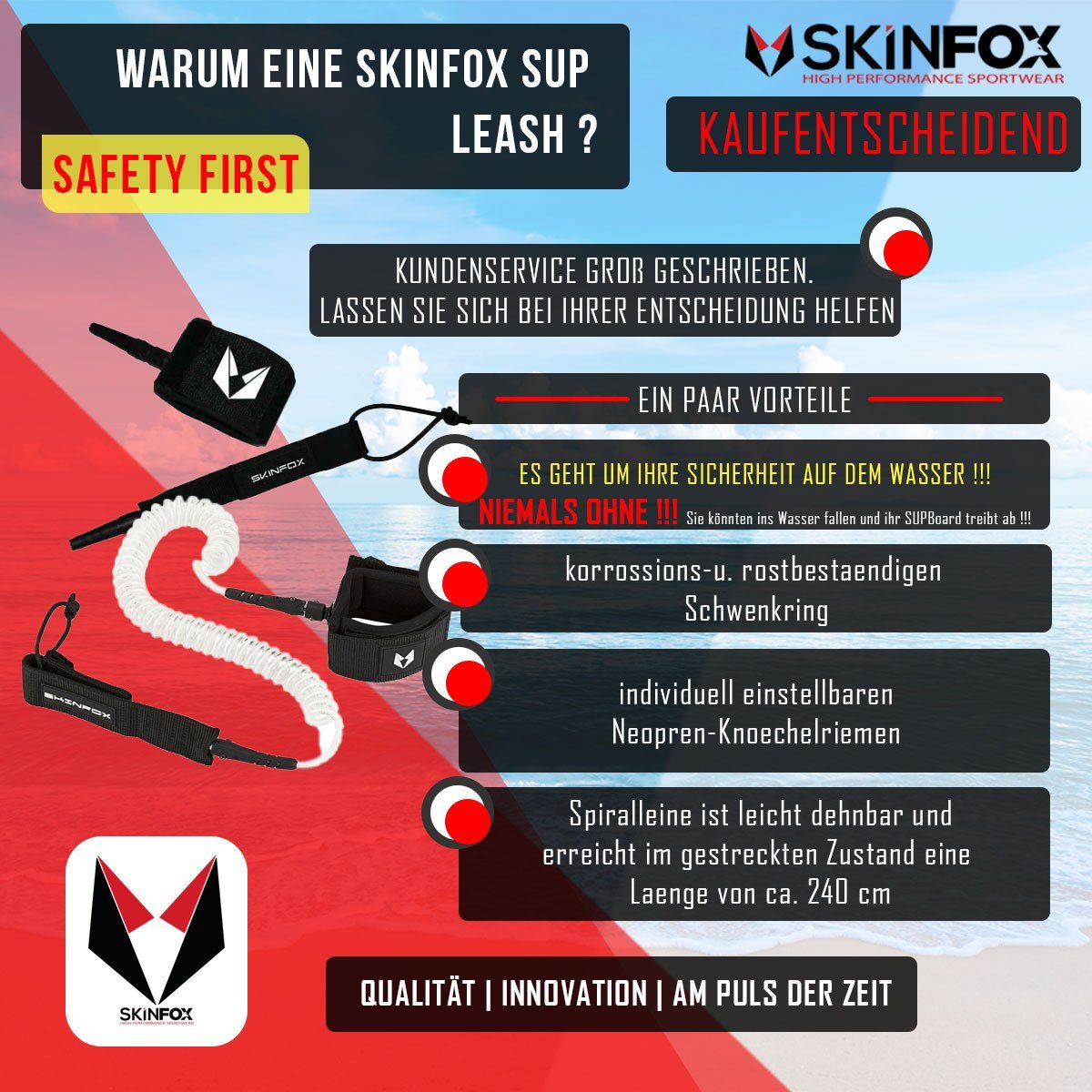 Skinfox SUP-Leash SKINFOX Leash Stand Leine Coiled Paddle und Fussleine Surfboard Up für Board SUP