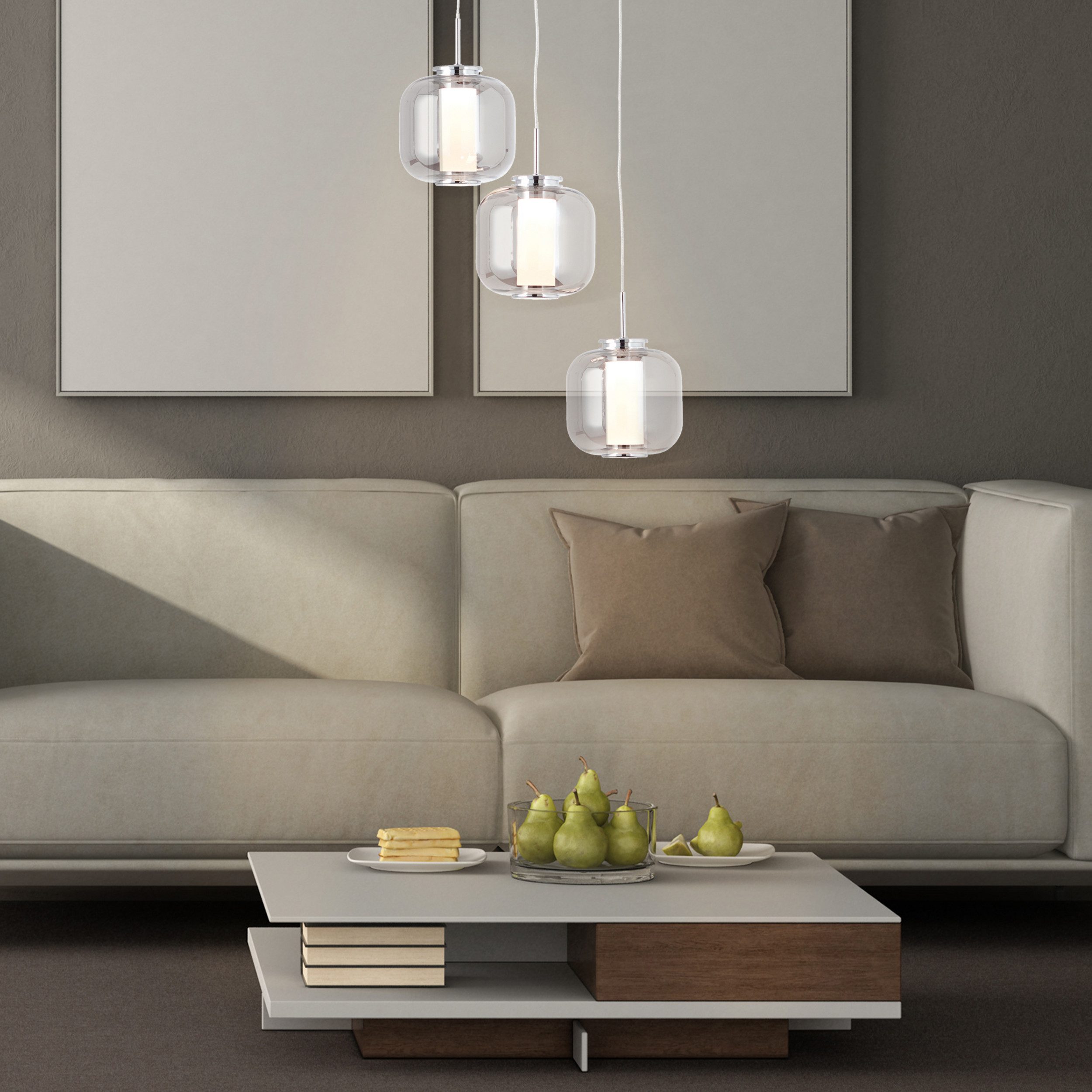 Lightbox Pendelleuchte, LED fest integriert, Warmweiß, Hängelampe 3 flammig Pendelleuchte Glas-Schirm 22cm Durchmesser 5,67W