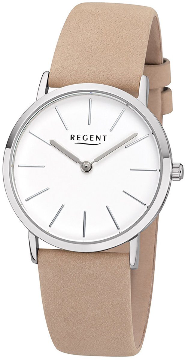 Regent Quarzuhr Regent Damen Uhr F-1219 Leder Quarz, Damen Armbanduhr rund,  Lederarmband beige, hellbraun