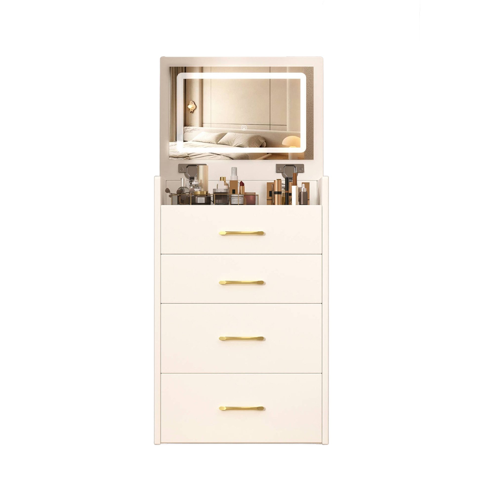 KLAM HOME Schminktisch 3-in-1 Schminktisch Weiß/Walnuss mit Glasplatte, nutzbar als Sideboard (Kompakter Kosmetiktisch mit 3 Schubladen & platzsparendem Hocker) – Bild 2 von 5