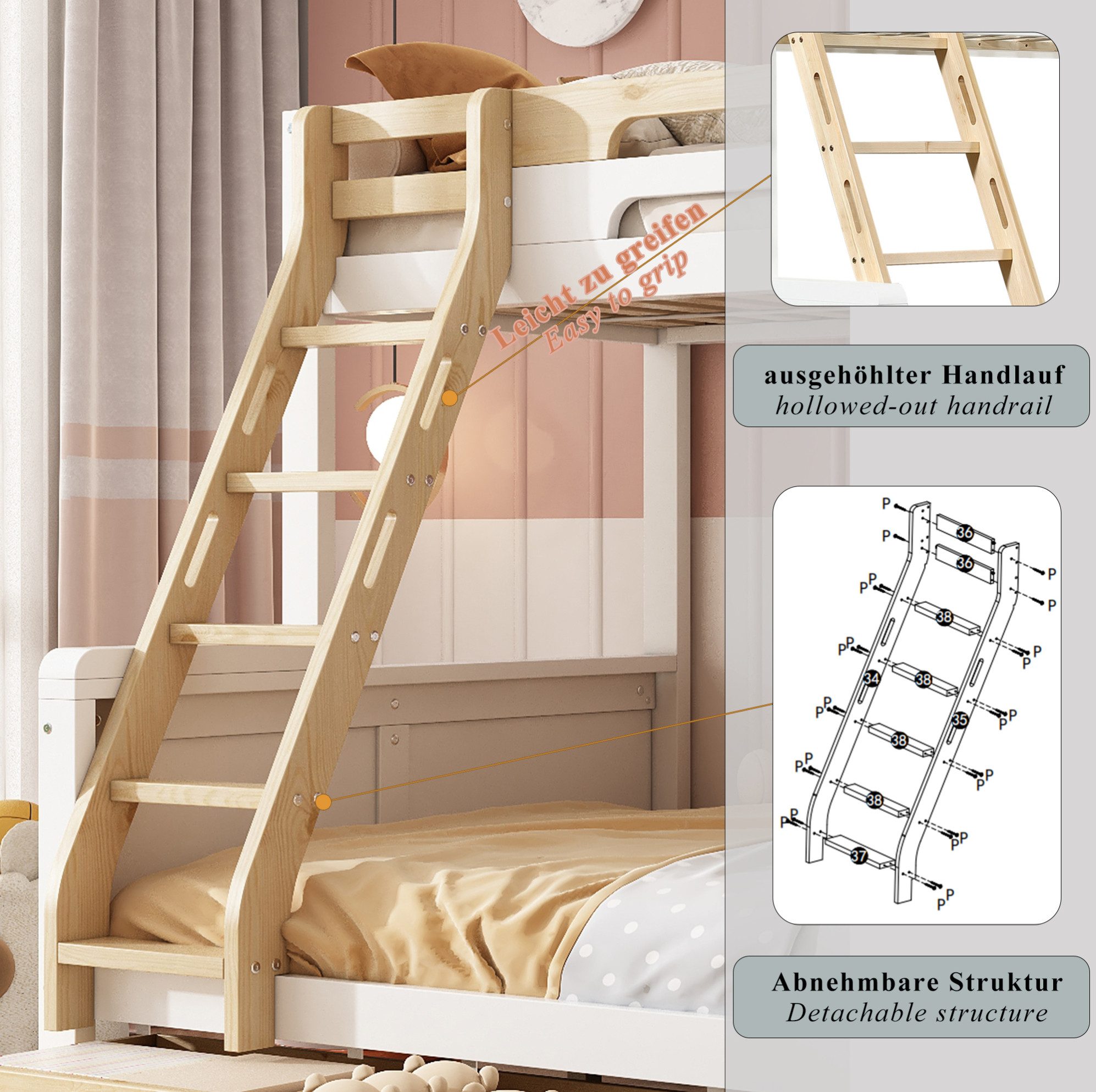 REDOM Etagenbett Kinderbett mit praktischer Aufbewahrung, Holzbett (90x200 cm und 140x200 cm, Gästebett aus Holz mit Sicherheitsgitter, Treppe mit Stauraum, Leiter und drei Schubladen, Jugendbett Stauraumbett), ohne Matratze