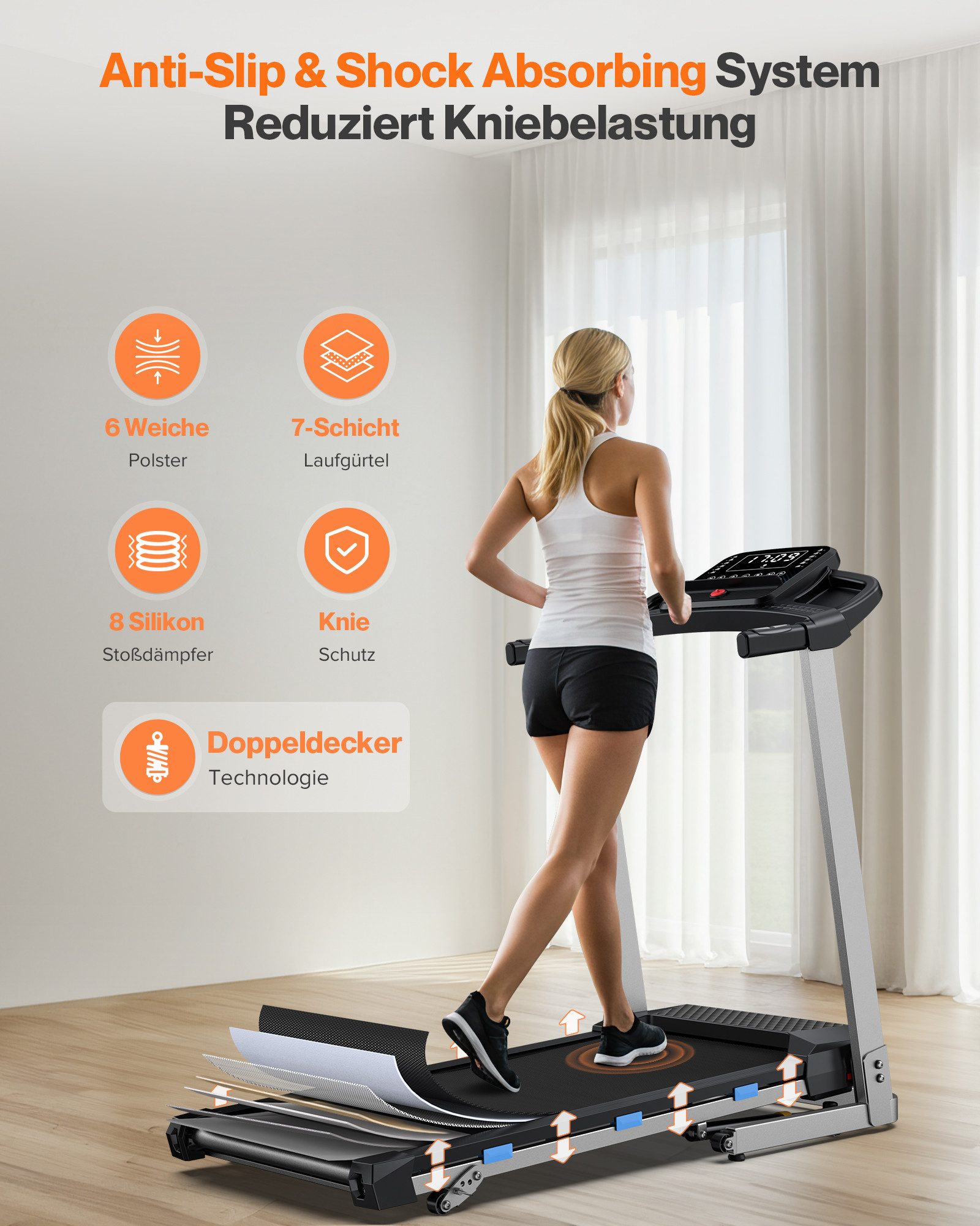 Cardirun Laufband mit Steigungsfunktion – 3,0 PS leises Modell für Zuhause, Klappbar (1-tlg., Pulssensor, Bluetooth-Lautsprecher, LED-Display, Transportrollen), Max. Belastbarkeit 160 kg, 12 km/h & App-Steuerung