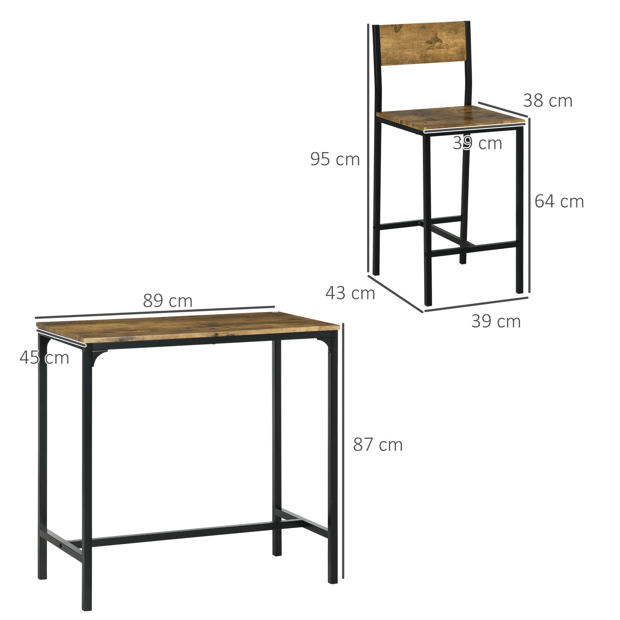 HOMCOM Bargruppe Bartisch Set Bartisch mit Barhocker-Set, (Esstisch, 3-tlg., Esstisch mit 2 Stühlen), für Esszimmer, Küche, Rustikal-Braun