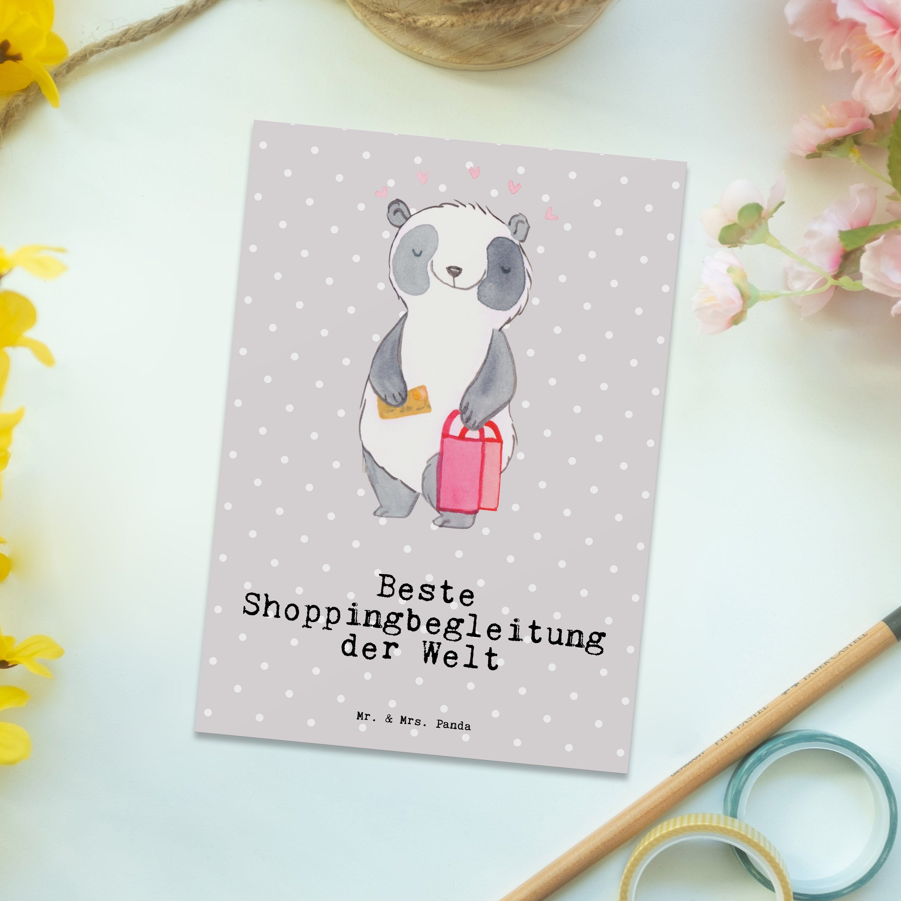 Mr. & Mrs. Panda Postkarte Shoppingbegleitung Pastell - - Panda Sh Geschenk, Welt Beste Grau der