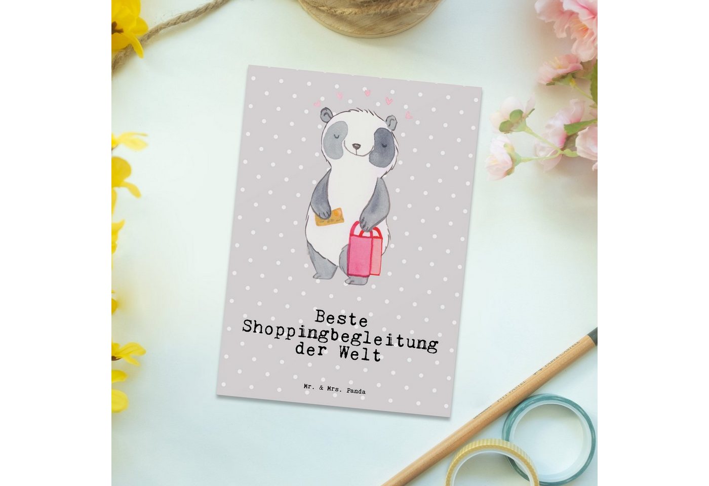Thumbnail - Mr. & Mrs. Panda Postkarte Panda Beste Shoppingbegleitung der Welt - Grau Pastell - Geschenk, Sh, Glücksmomente teilen