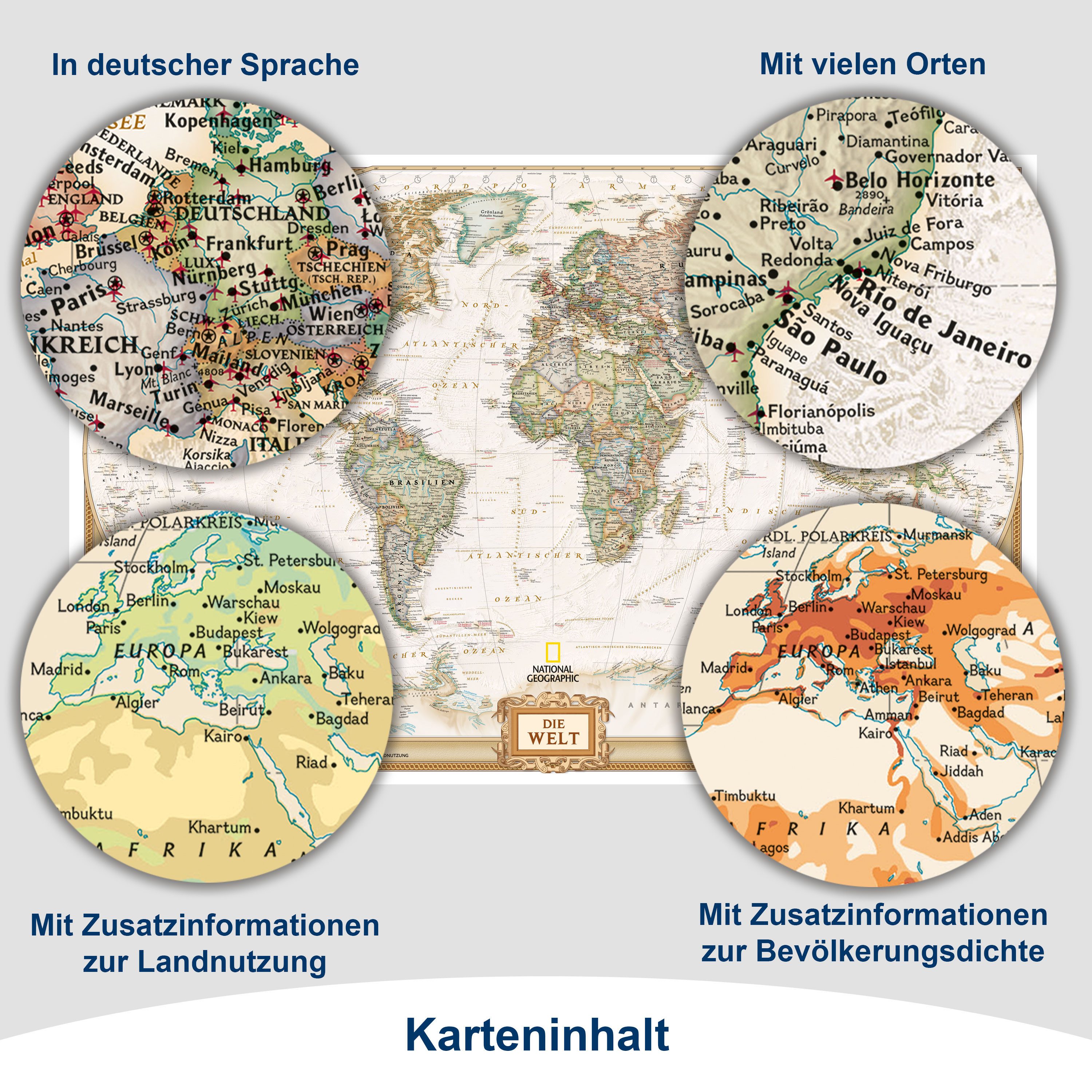NATIONAL GEOGRAPHIC Poster Weltkarte im vintage Stil - Deutsch - 88 x 58 cm - Vintage Weltkarte, Oberflächen beschichtetes Poster