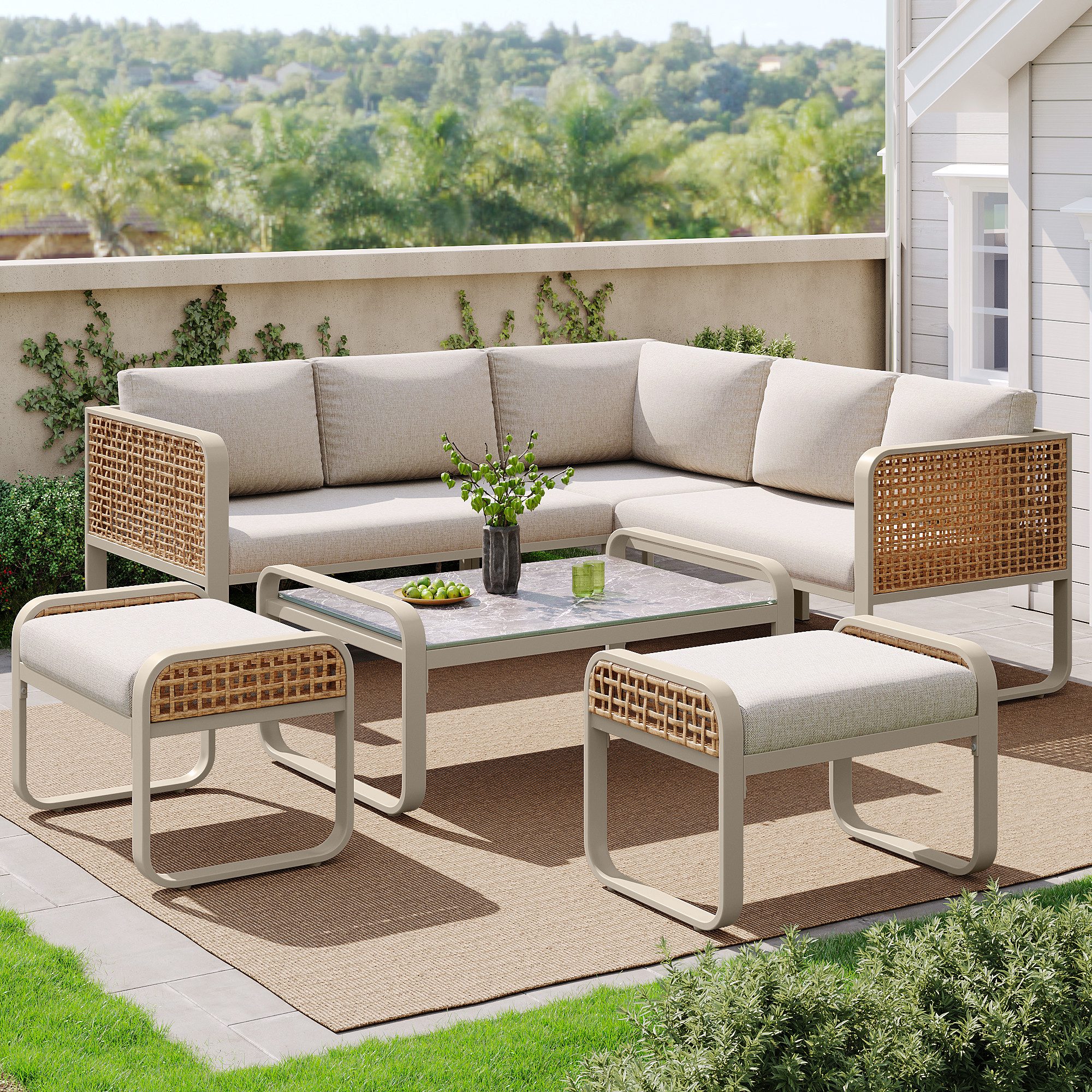 REDOM Gartenlounge-Set Modernes Gartenmöbelset,mit verzinktem Eisengestell, (für 6-7 Personen – Rattan-Möbel mit verstellbaren Beinen, ergonomischen Kissen, 5-tlg), mit Relaxfunktion