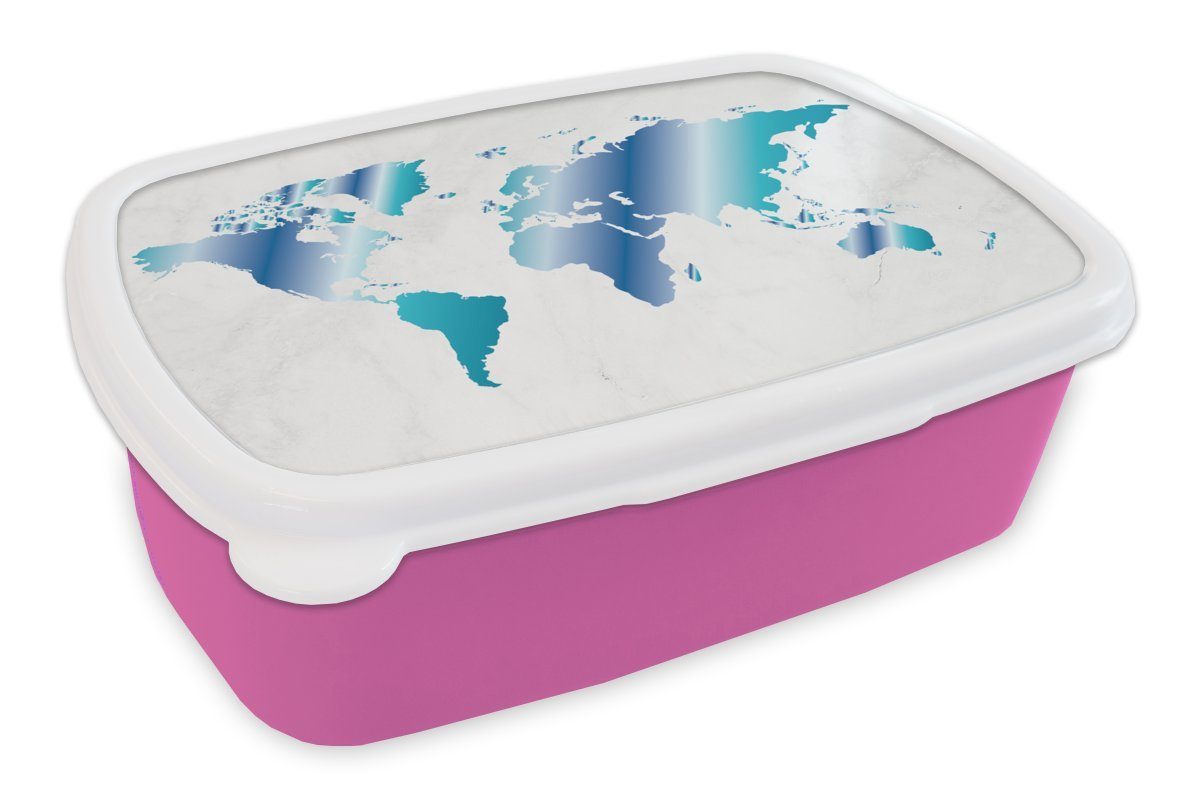 rosa Brotbox Snackbox, Lunchbox - Weltkarte MuchoWow - Erwachsene, Kunststoff, Marmor, Kunststoff Brotdose Mädchen, Blau (2-tlg), für Kinder,