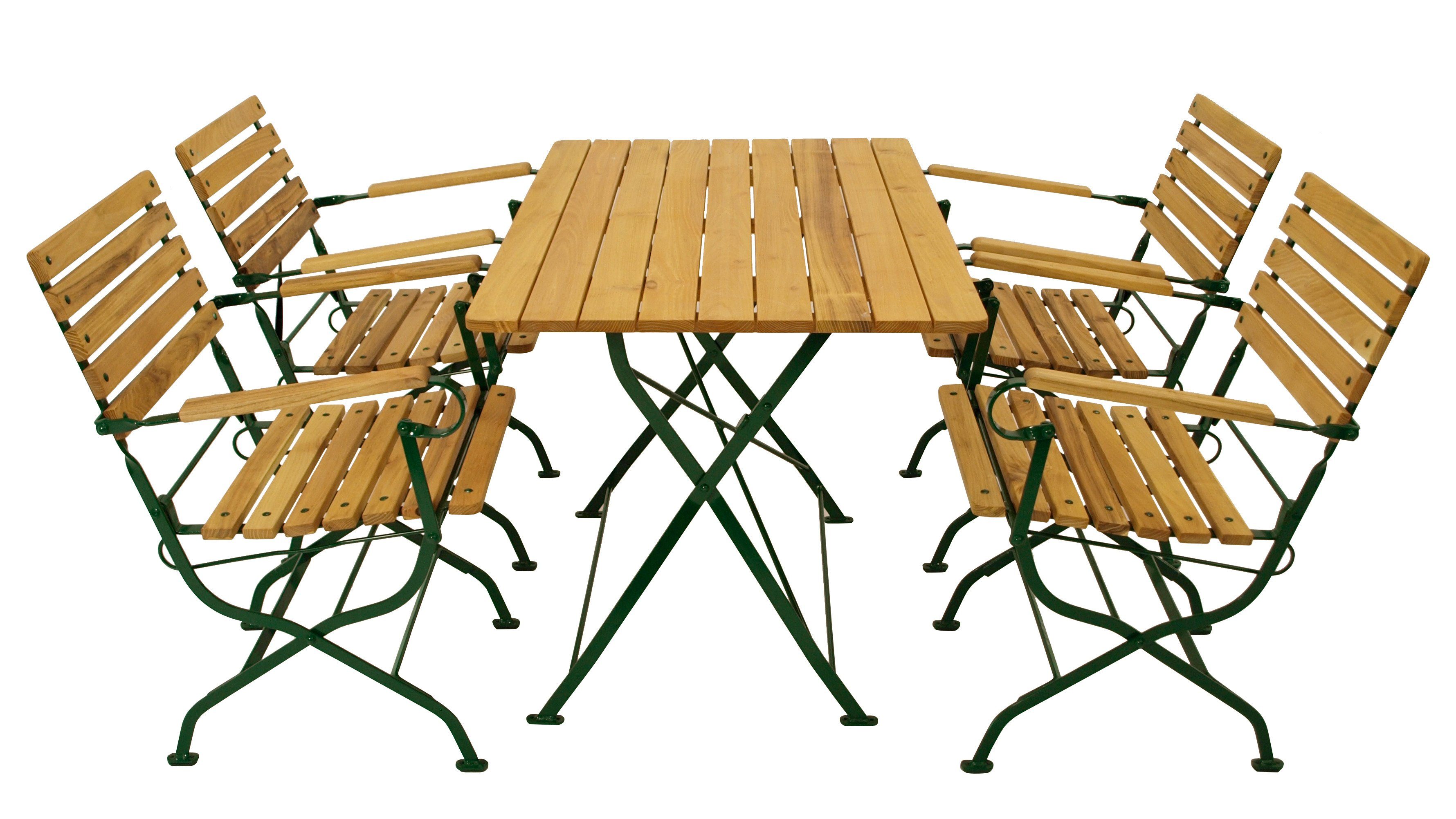 DEGAMO Garten-Essgruppe PASSAU, (5-tlg), (4x Sessel, 1x Tisch 70x110cm), Gestell grün + Robinie