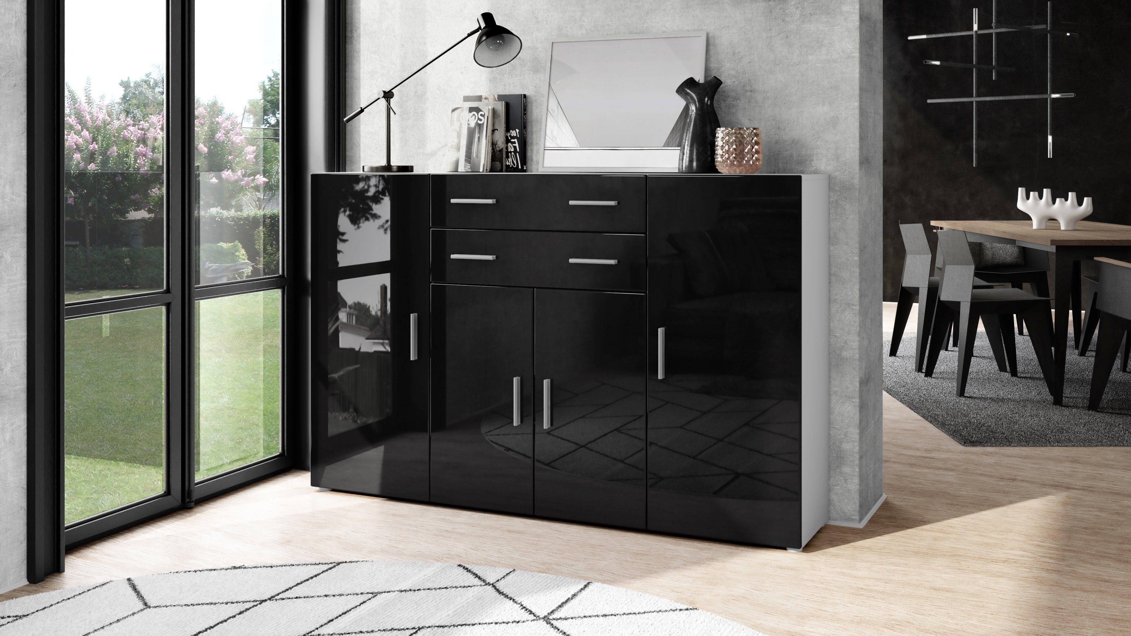 Vladon Highboard Aron (Anrichte, mit 4 Türen und 2 Schubladen), Weiß matt/Schwarz Hochglanz (166,5 x 106,5 x 35 cm)