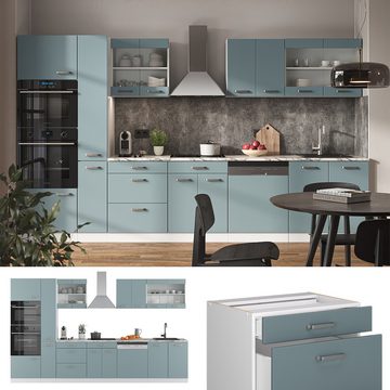 Livinity® Küchenzeile R-Line, Blau-Grau/Weiß, 350 cm mit Hochschrank, AP Eiche