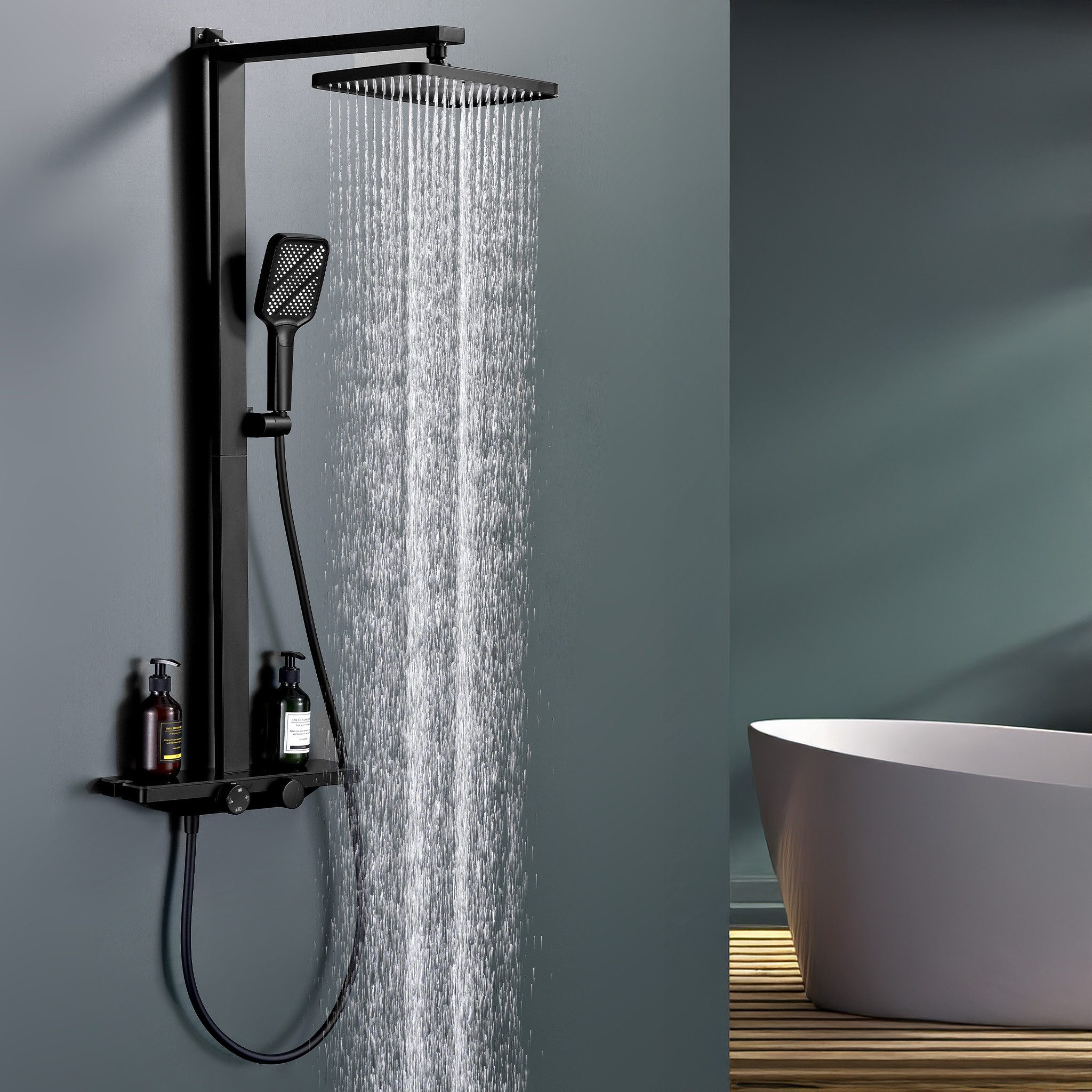 HOMELODY Duschsystem mit Thermostat und Glasablage in Schwarz Matt,Brausega günstig online kaufen
