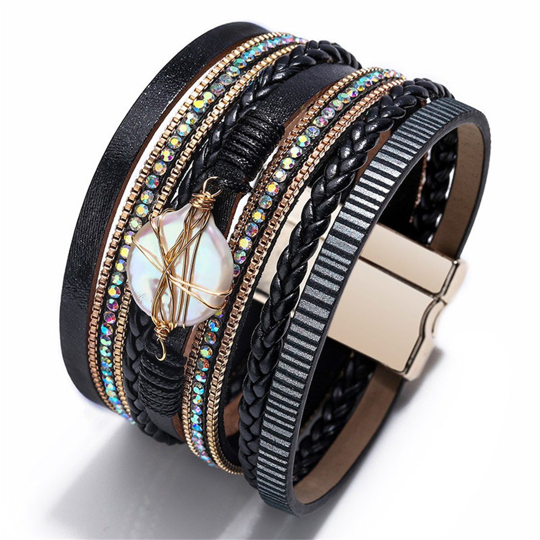 Magnetverschluss Lederarmband aus mit DÖRÖY mehreren gewebtem Bohème-Armband Schichten Silber