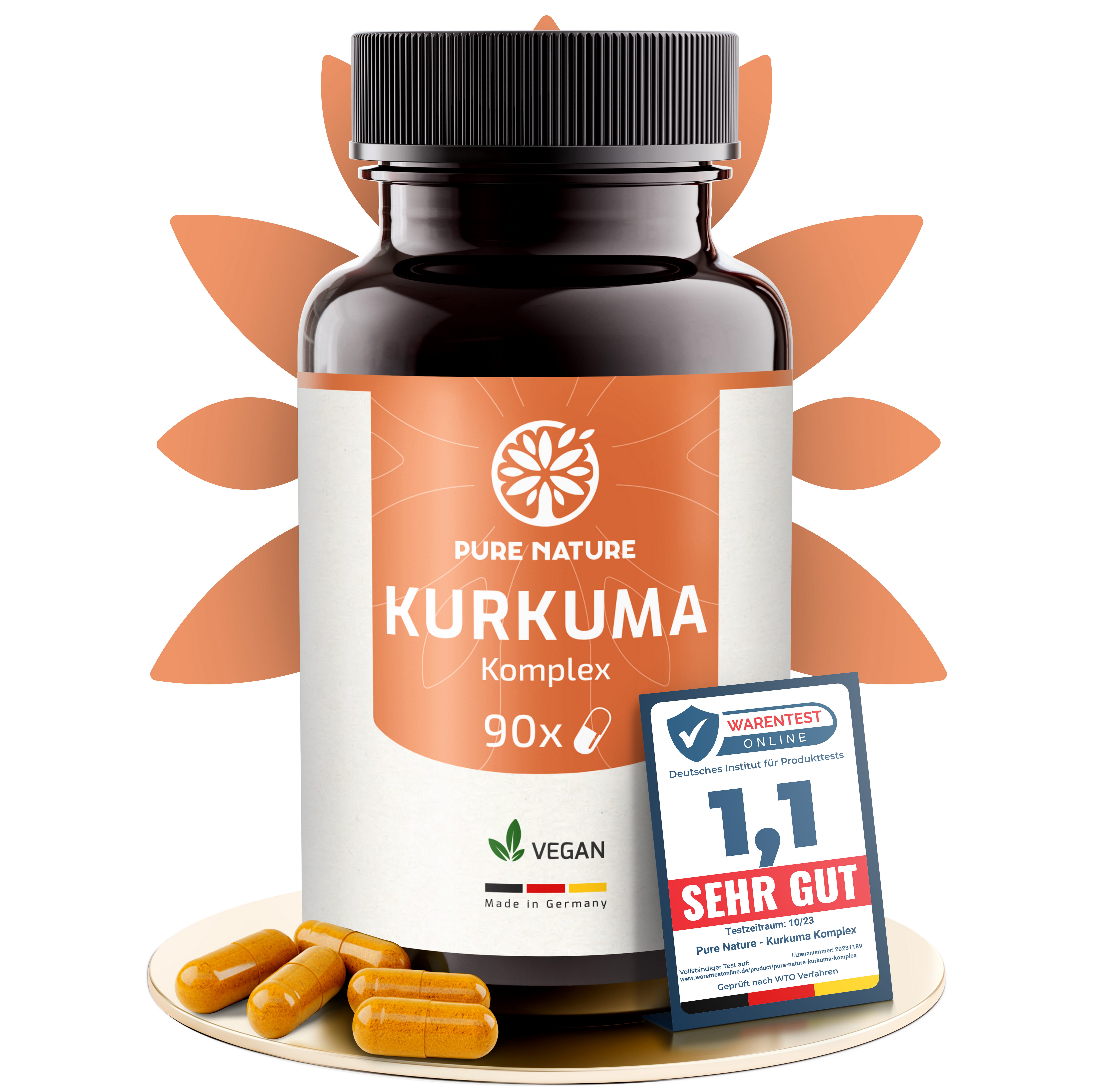 Pure Nature Kurkuma Komplex 12.000mg Curcuma mit Vitamin C & Piperin - 90 Kapseln Kapseln, 60 g