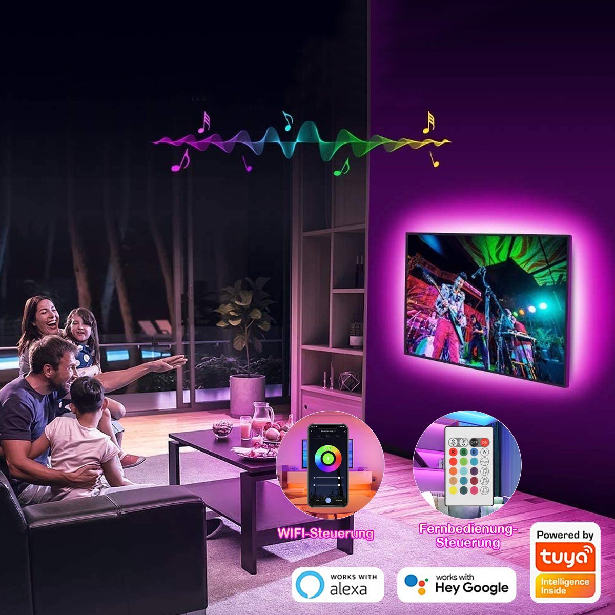 LETGOSPT LED-Streifen App-Steuerung, LED Strip 10m, Dimmer, Fernbedienung(WIFI)+Netzteil Timer-Einstellung Dimmbar, Lichterkette RGB Strip+24keys Bluetooth, Bluetooth/Wif / 5m Sync, Musik 5050