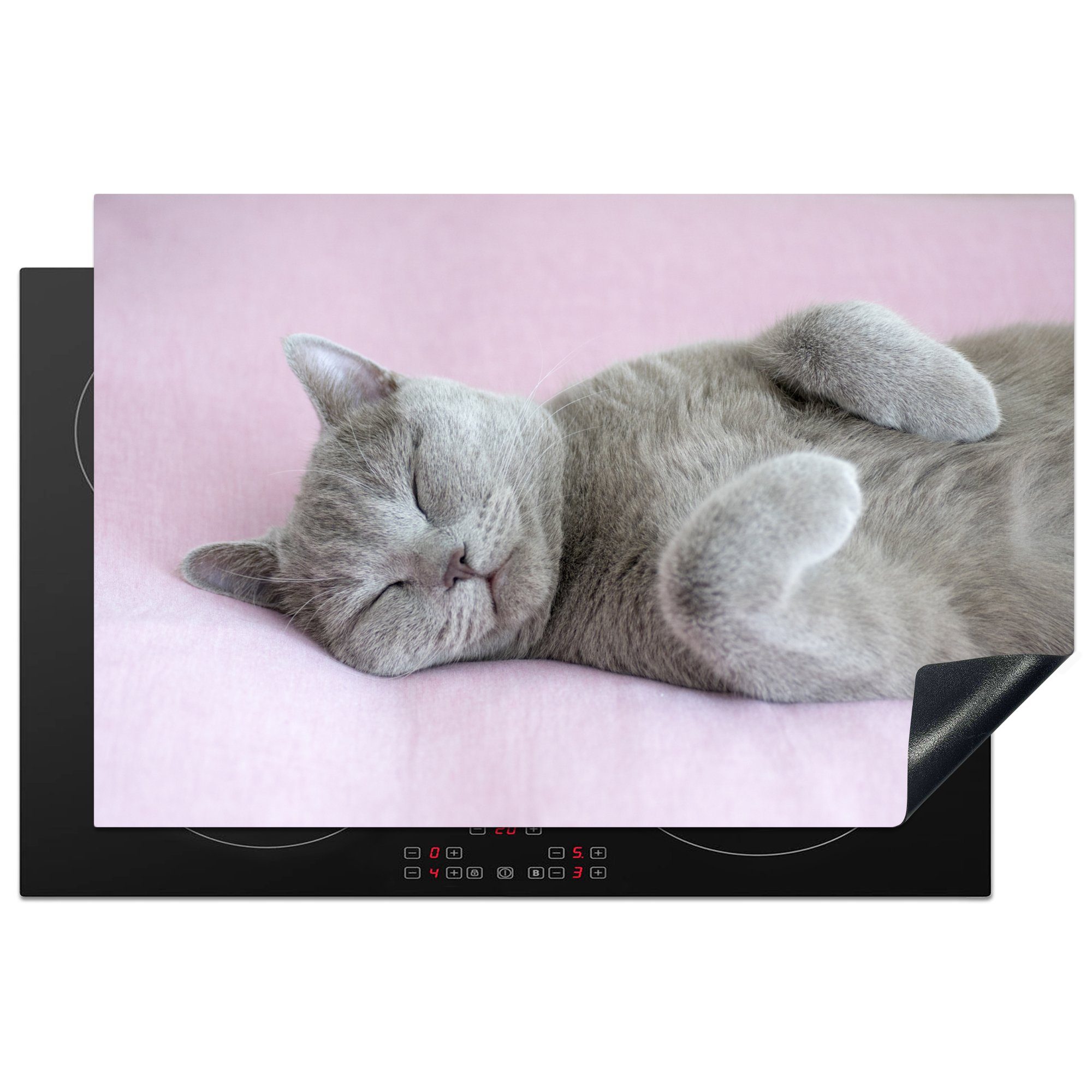 MuchoWow Herdblende-/Abdeckplatte Graue Katze schläft auf rosa Teppich, Vinyl, (1 tlg), 81x52 cm, Induktionskochfeld Schutz für die küche, Ceranfeldabdeckung
