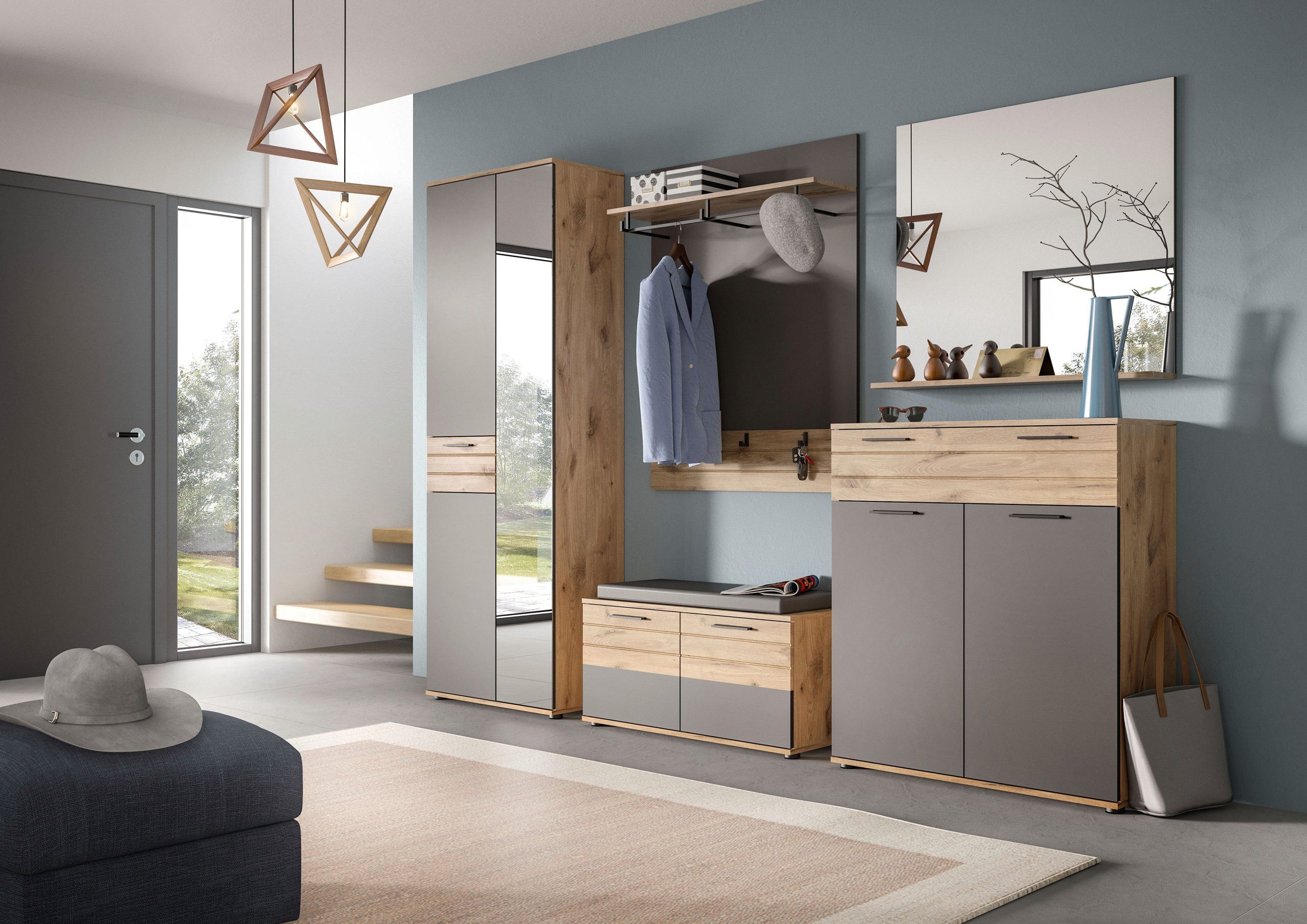 Newroom Garderoben-Set Eiche 200 cm, Garderoben-Set Basalt Grau Eiche Flurmöbel Garderobenschrank Indus...