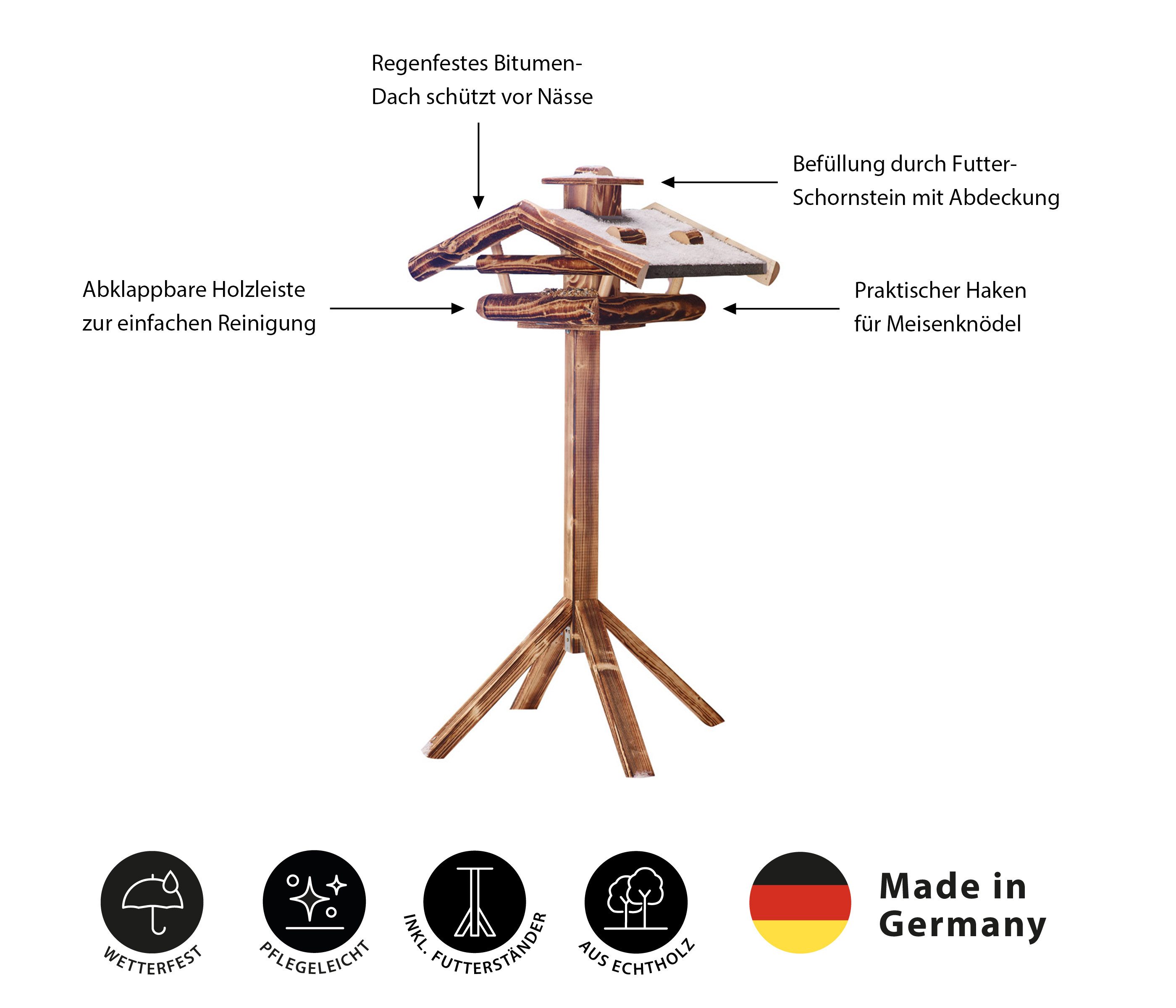 Dehner Vogelhaus Natura Wendelstein für Wildvögel, inkl. Ständer, 142 x 76 x 55 cm, Geflammt, massiv, wetterfest, mit Ständer