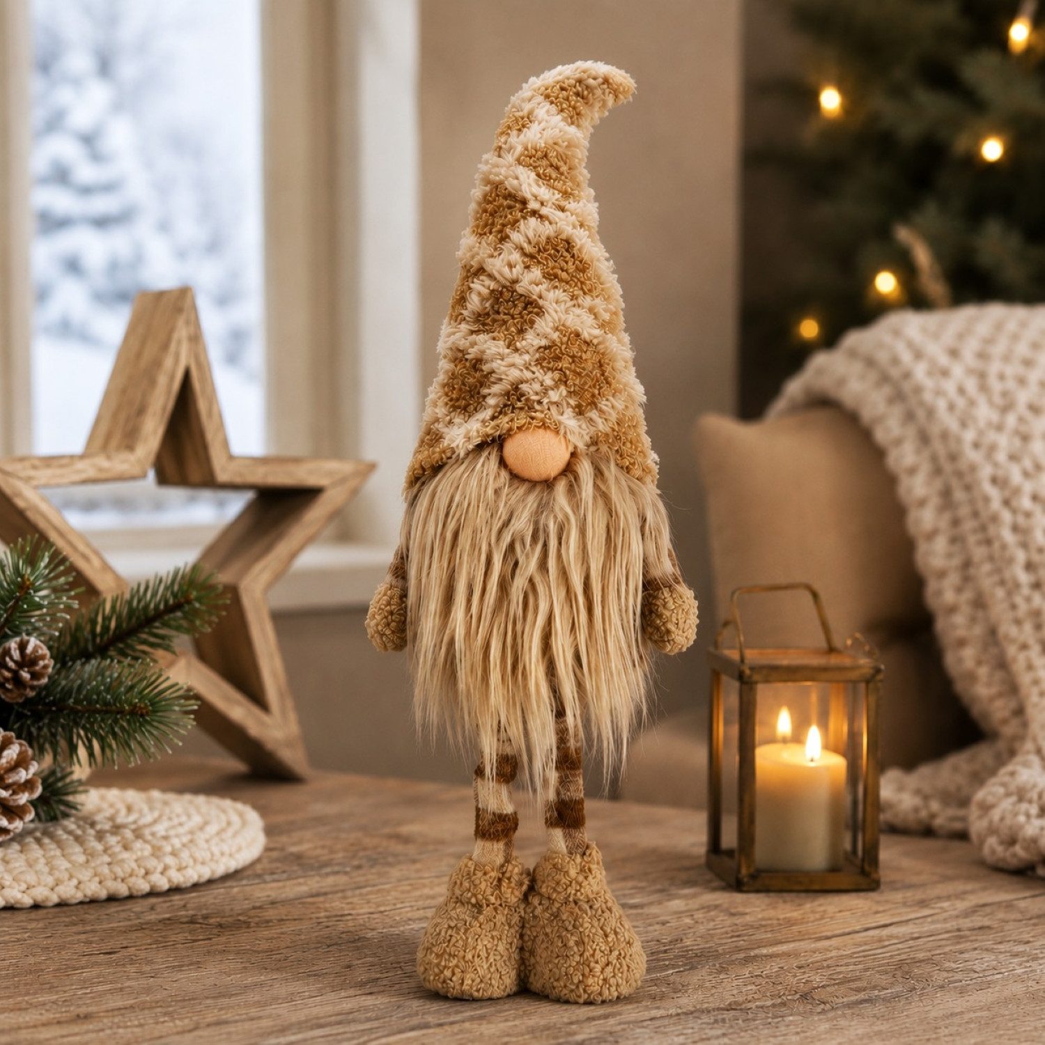 Online-Fuchs Dekofigur Weihnachtswichtel mit Teleskopbeinen - Deko für Winter und Weihnachten (mit langer Zipfelmütze & flauschigem Bart, in harmonischen Creme Tönen), mit Teleskopbeinen zwischen 55 und 80 cm groß - W5