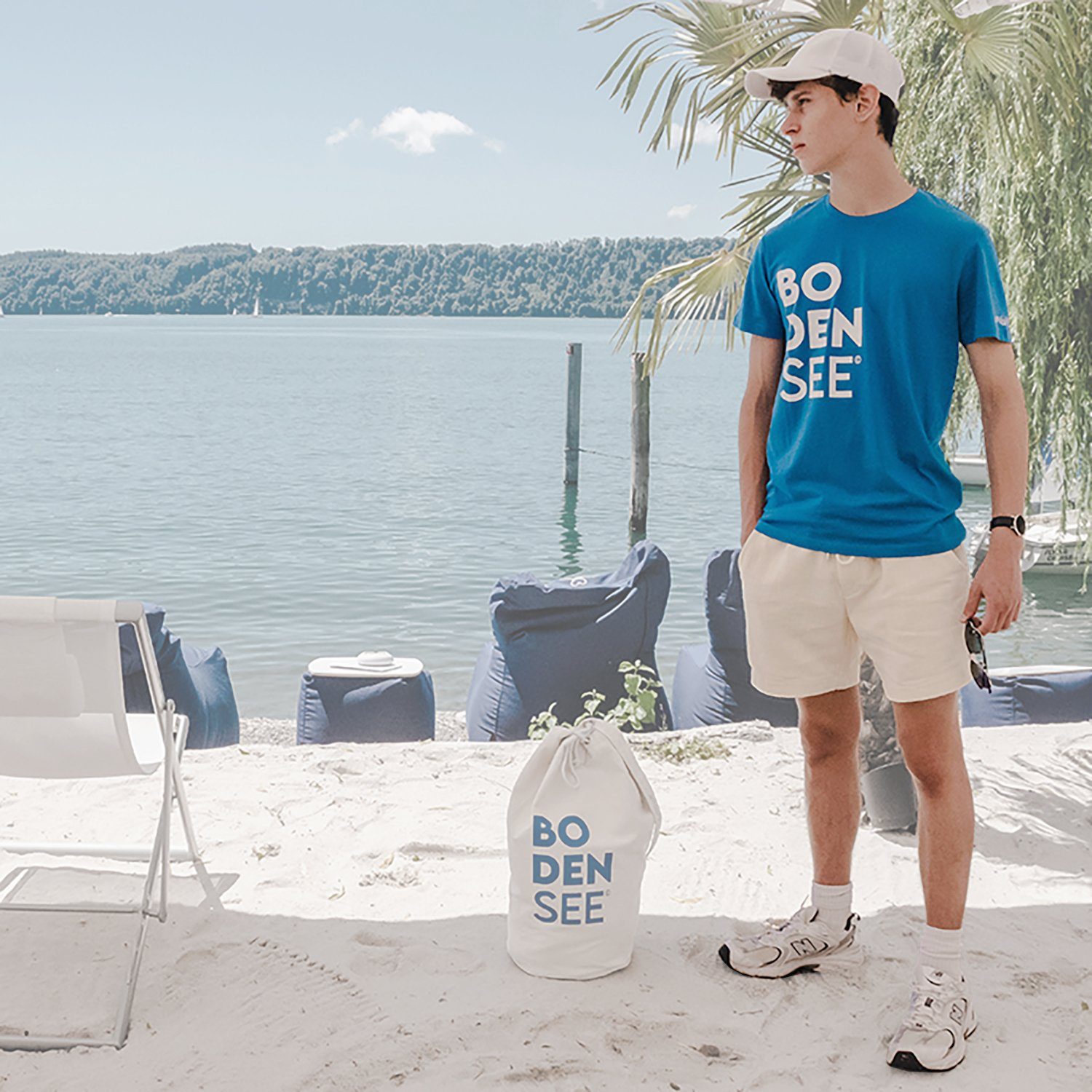 Baumwolle T-Shirt aus für Schriftzug mit Bio Herren Bodensee Gelb/Cobalt-Blau uptolake design