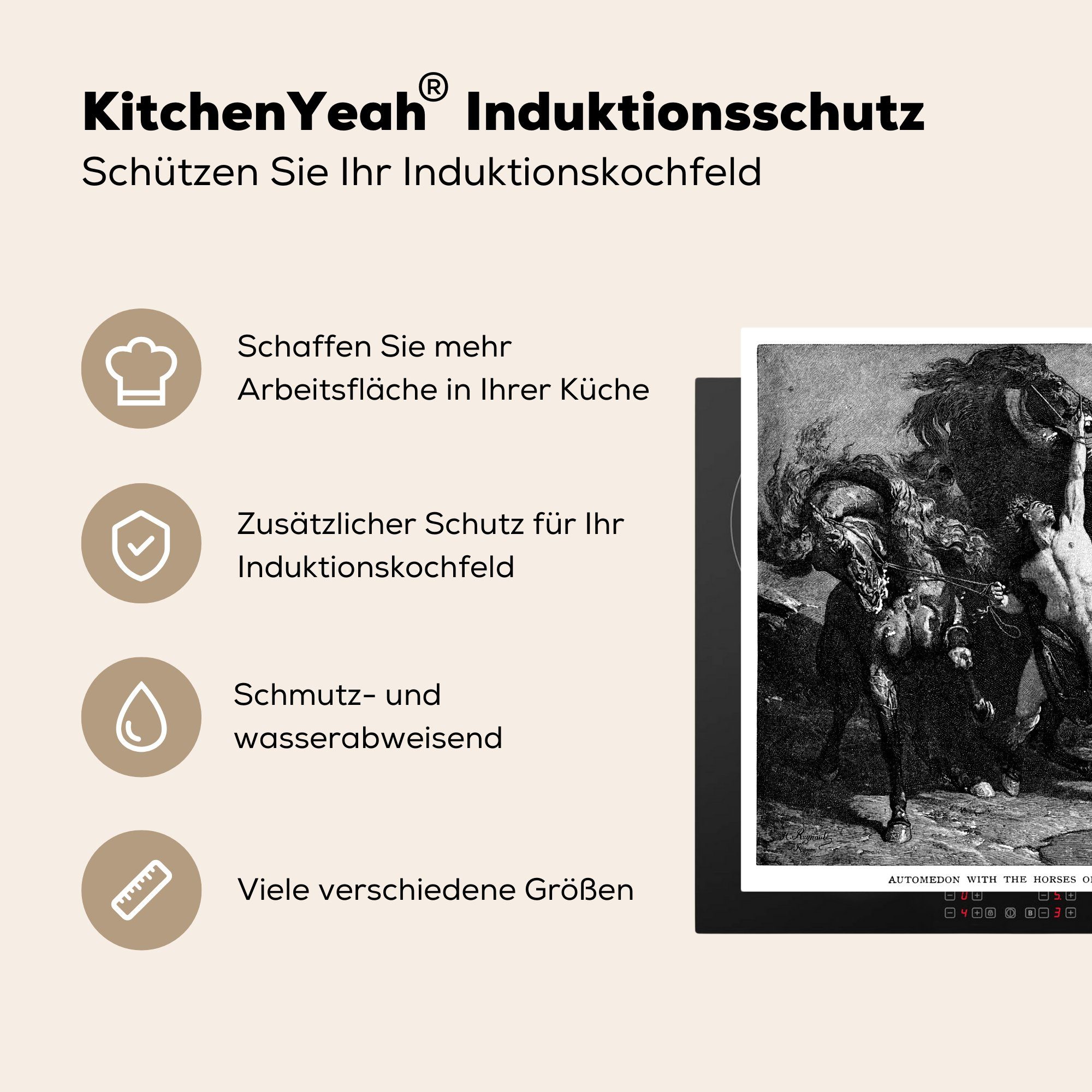 Arbeitsplatte antike Pferden, Ceranfeldabdeckung, seinen tlg), Eine 78x78 Achilles cm, von küche Herdblende-/Abdeckplatte MuchoWow Vinyl, (1 und für Illustration