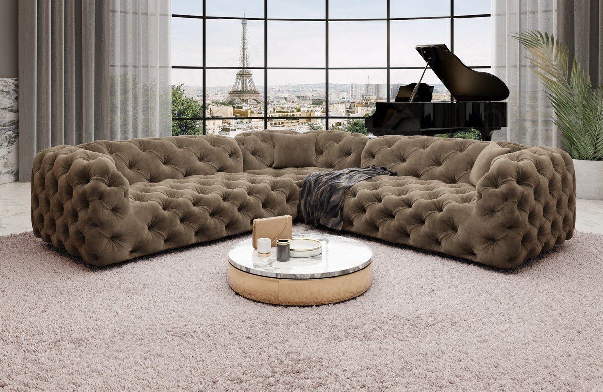 Sofa Dreams Ecksofa Samtstoff Stoff Luxus Sofa Lanzarote L Form Stoffsofa, Couch im Chesterfield Stil hellbraun09