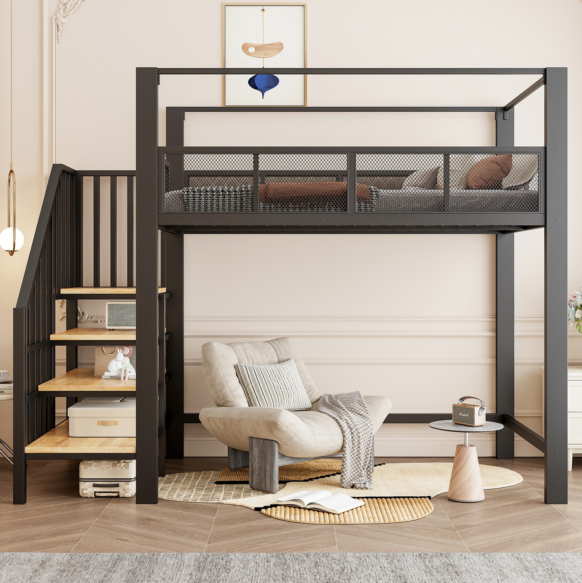 OKWISH Hochbett Jugendbett mit integriertem Arbeitsbereich, Eisenbett (Baldachin-Aufbau und platzsparenden Stufen mit Stauraum, Metallbett Kinderbett) ohne Matratze