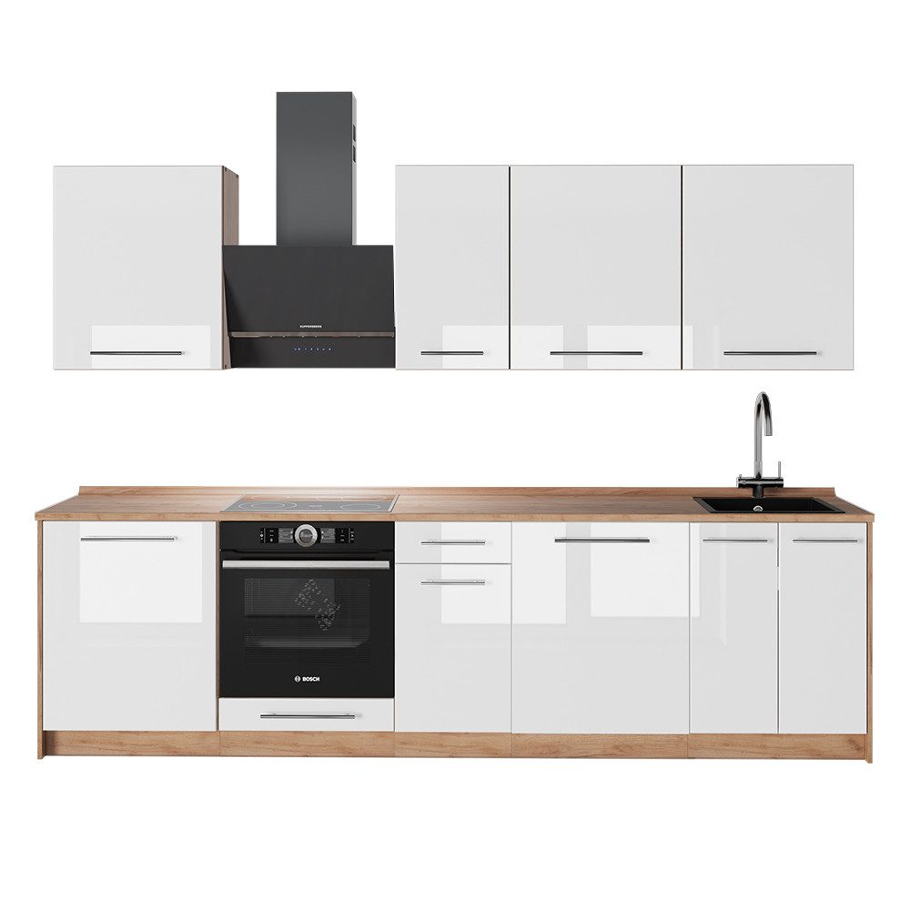 Vicco Küchenzeile Fame-Line, Weiß Hochglanz/Goldkraft Eiche, 280 cm ohne Arbeitsplatte
