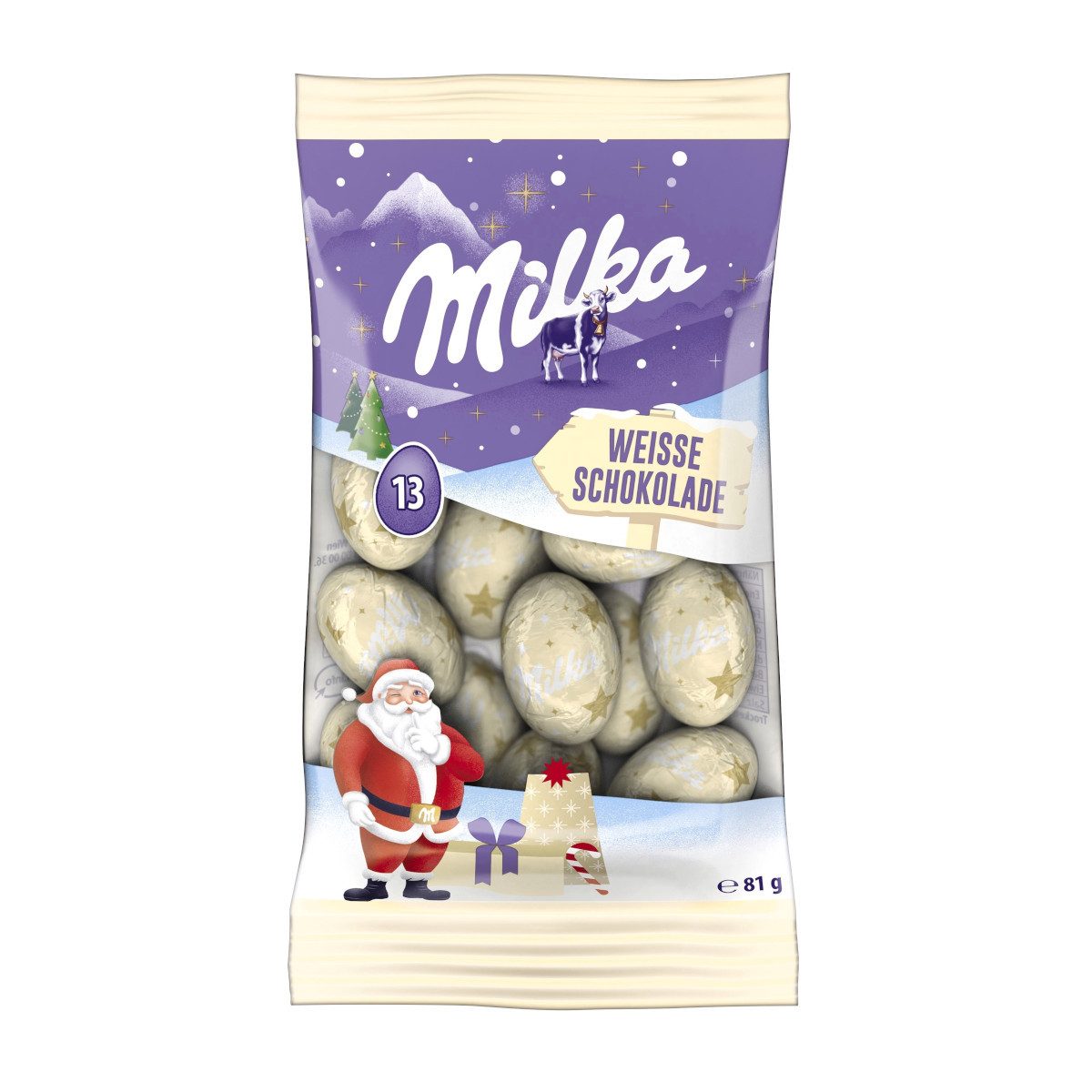 MILKA Schokolade, Milka Weihnachtsschoko Kugeln aus cremiger weißer Schokolade 81g