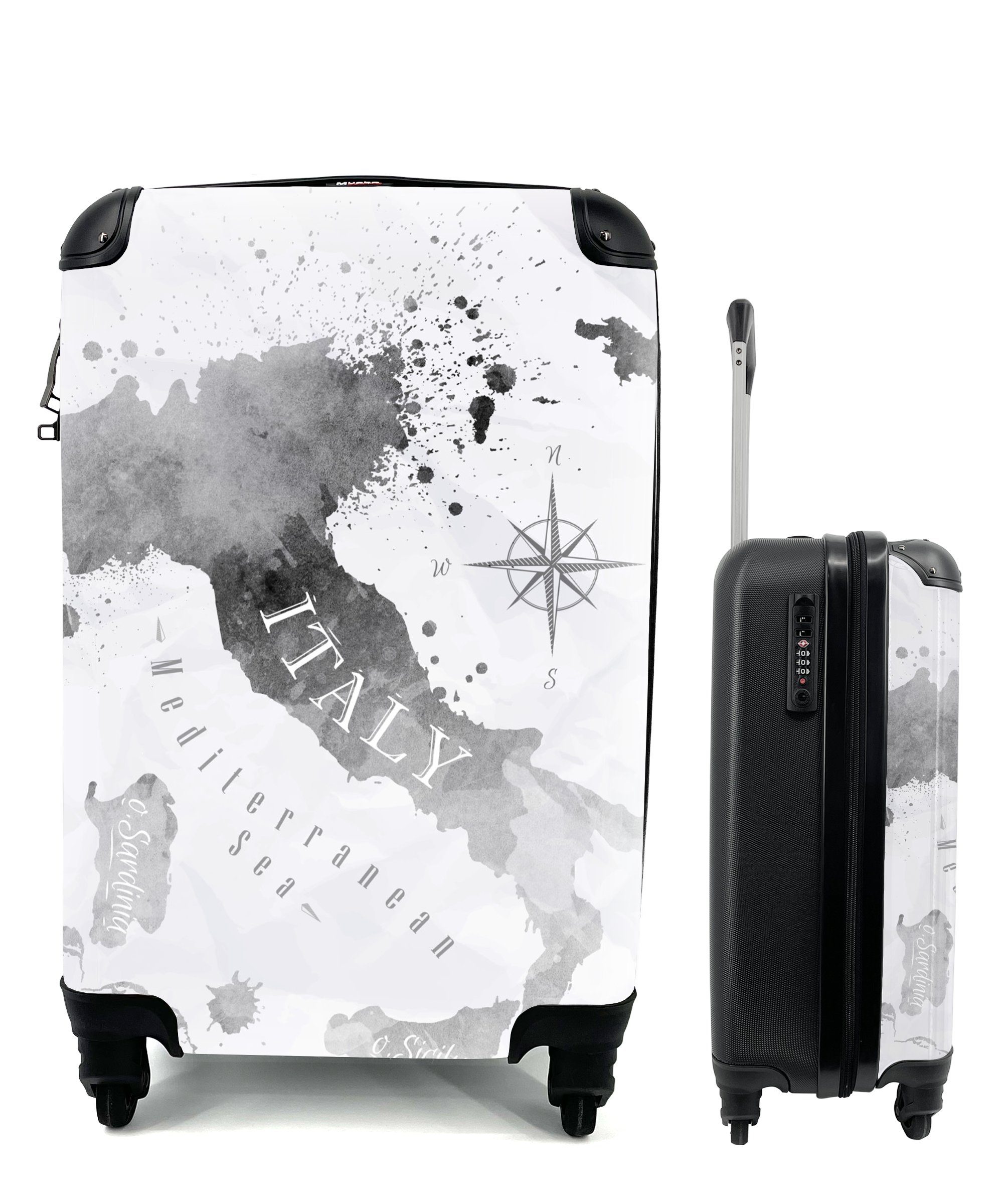 Handgepäck 4 Trolley, MuchoWow Ferien, - Karte mit Reisetasche Handgepäckkoffer Reisekoffer Italien für rollen, - Rollen, Aquarell,