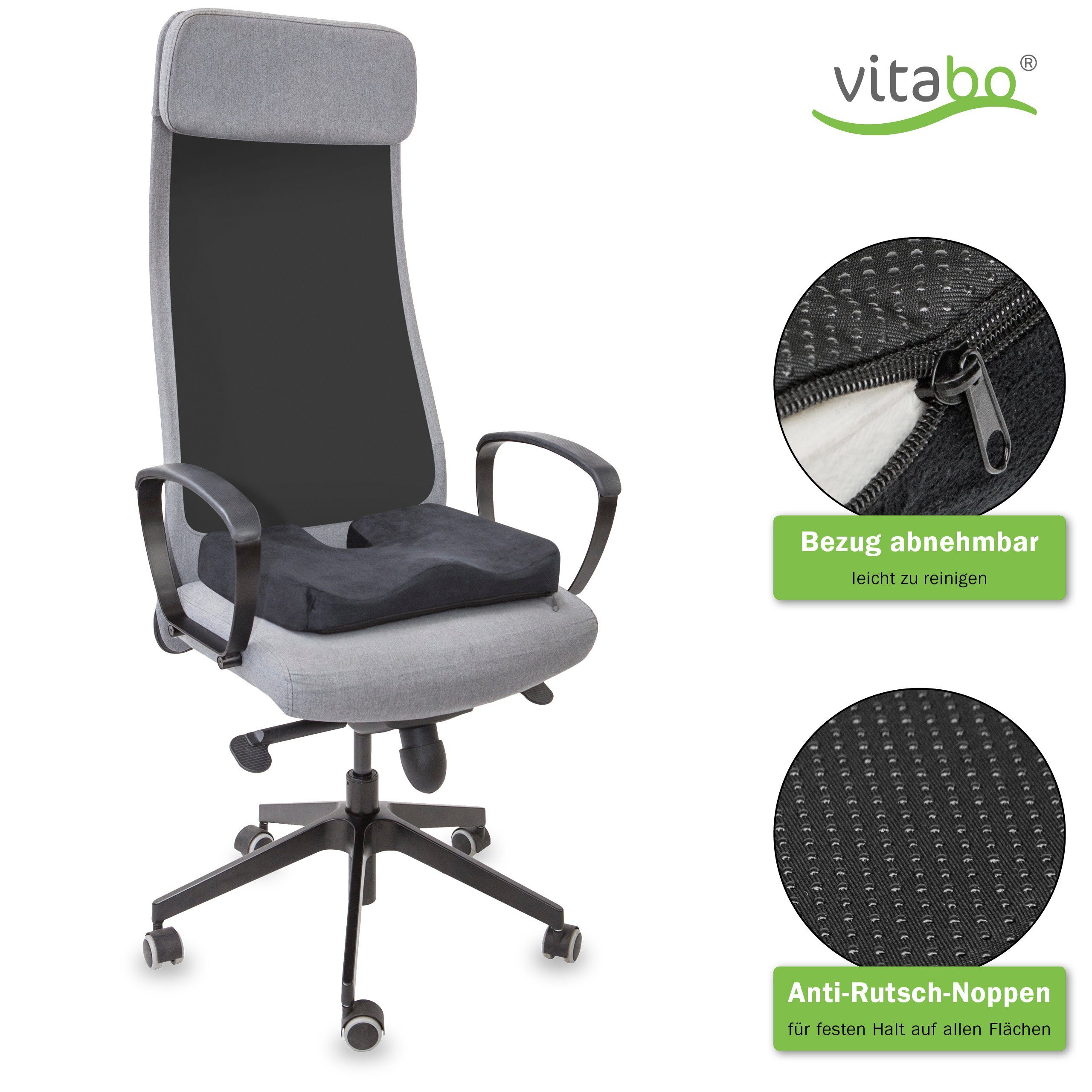 Vitabo Steißbeinkissen ergonomisches Sitzkissen, Steißbein-Kissen, Gel-Schicht (Schwarz), 1-tlg.