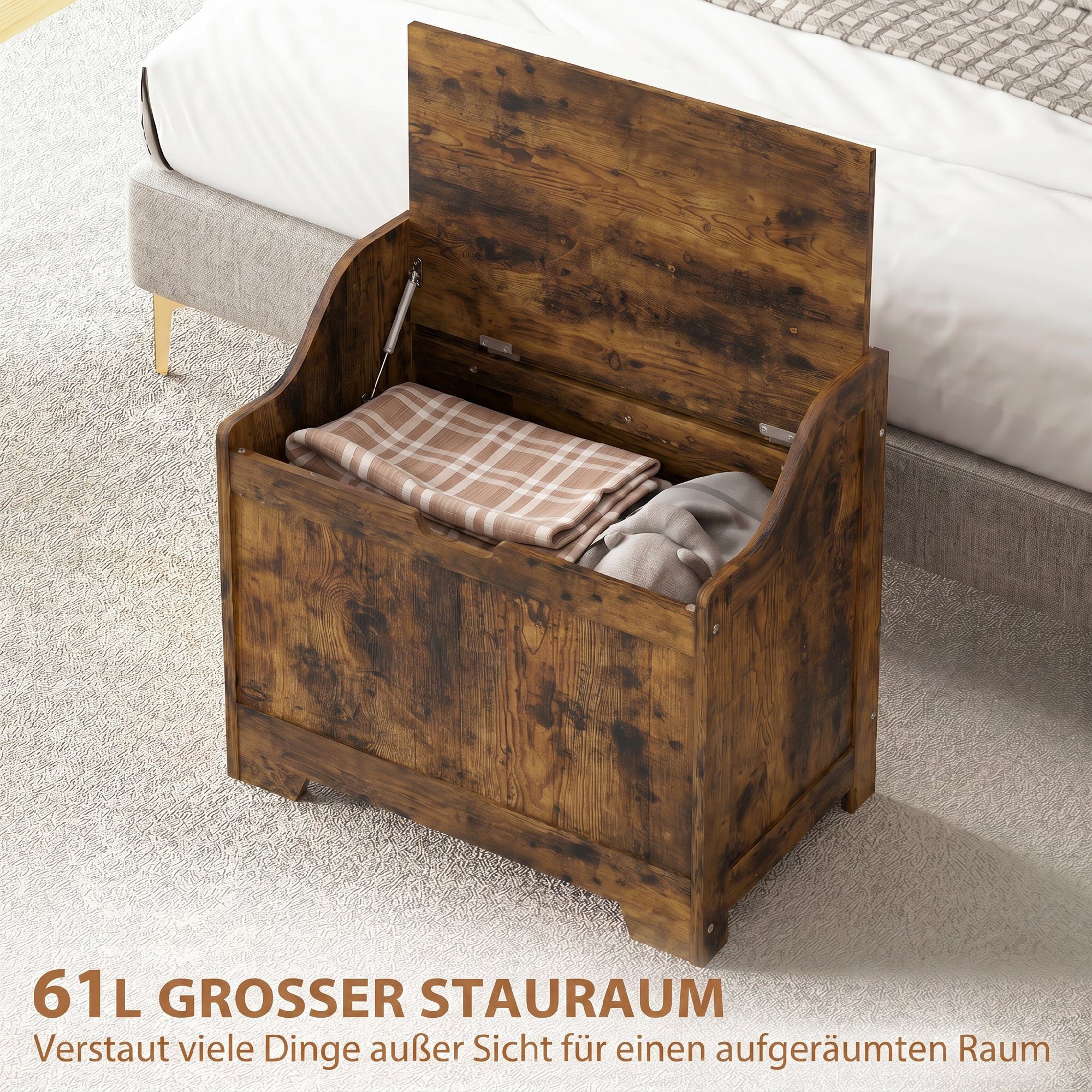 HOMCOM Truhe Aufbewahrungsbox Aufbewahrungstruhe mit Deckel (Set, 1 St., 1er-Set), 61L Stauraum, Sicherheitsscharnier – Bild 4 von 5