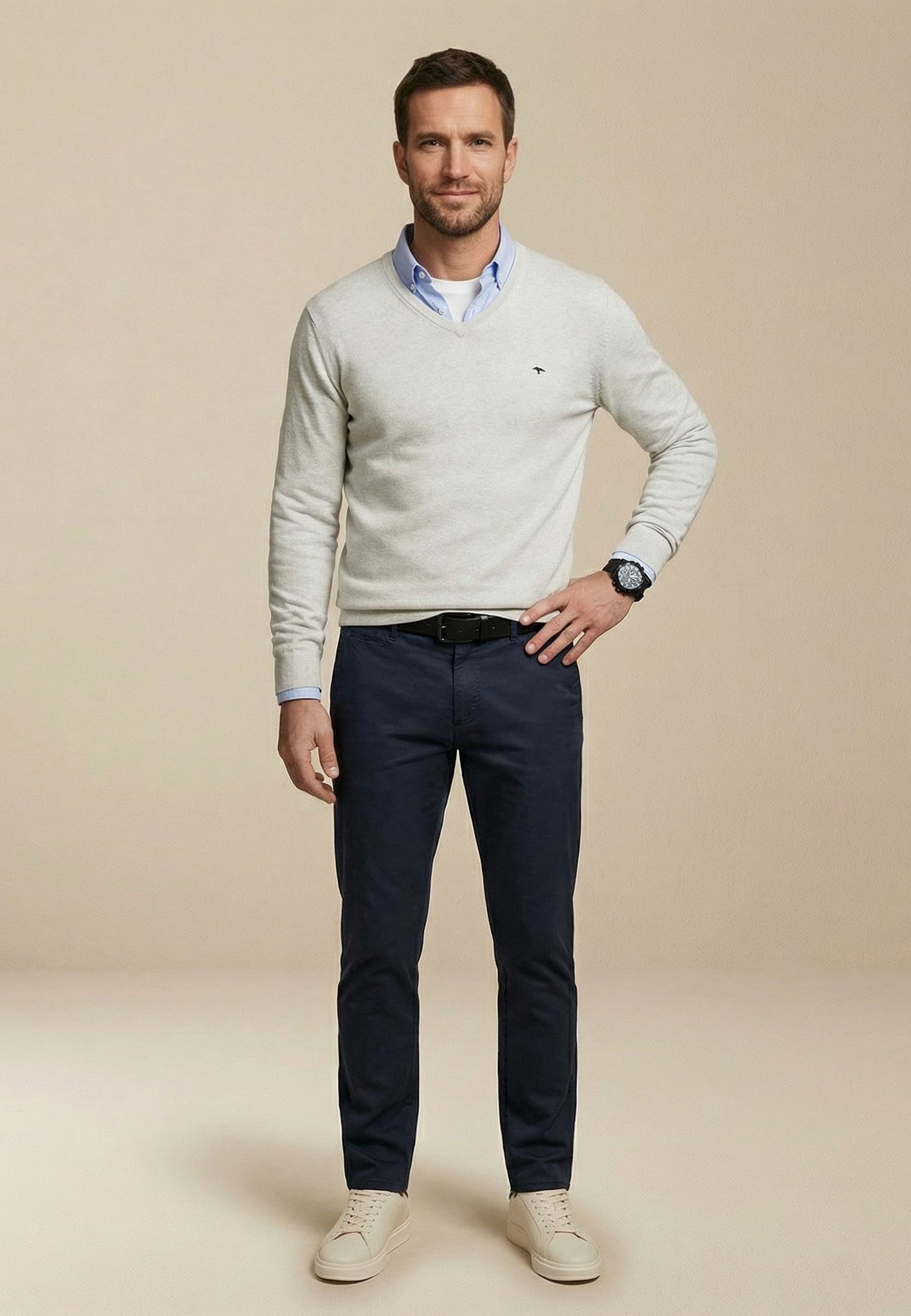 FYNCH-HATTON Strickpullover aus Baumwolle, mit V-Ausschnitt, hüftbedeckende Passform
