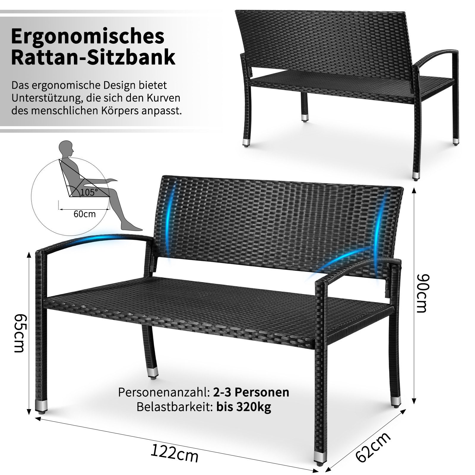 TLGREEN Gartenbank Polyrattan Sitzbank Wetterfest, 2 Sitzer Parkbank (Rattanbank), aus UV-beständigem Polyrattan-Geflecht