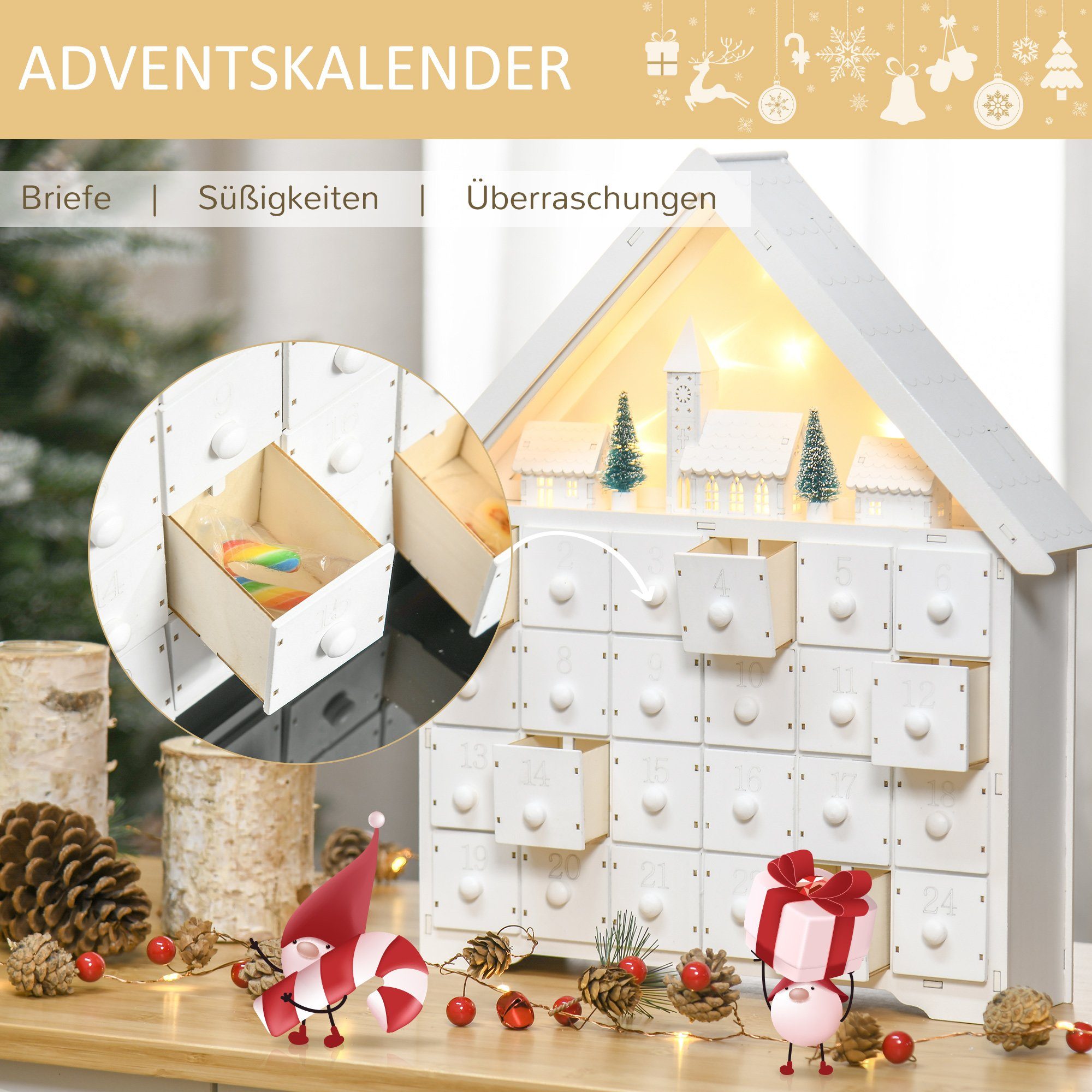HOMCOM Weihnachtsdorf Adventskalender 24 Schubladen LED-Lichtern Weihnachtskalender, DIY Sperrholz-Platte Weiß 39 x 9 x 42 cm – Bild 5 von 5