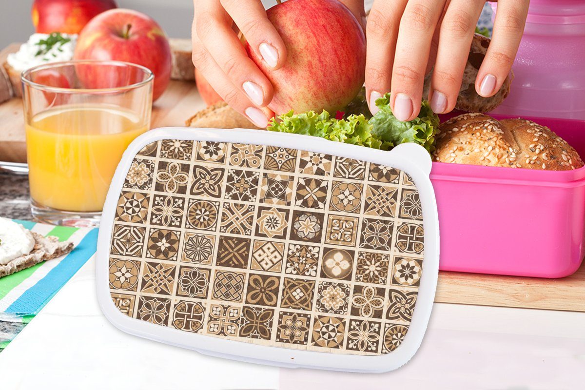 (2-tlg), Brotbox für Erwachsene, MuchoWow Lunchbox Design Kunststoff, Blumen Brotdose Kunststoff - Natur - Vintage, - Braun Kinder, Snackbox, - Mädchen, rosa